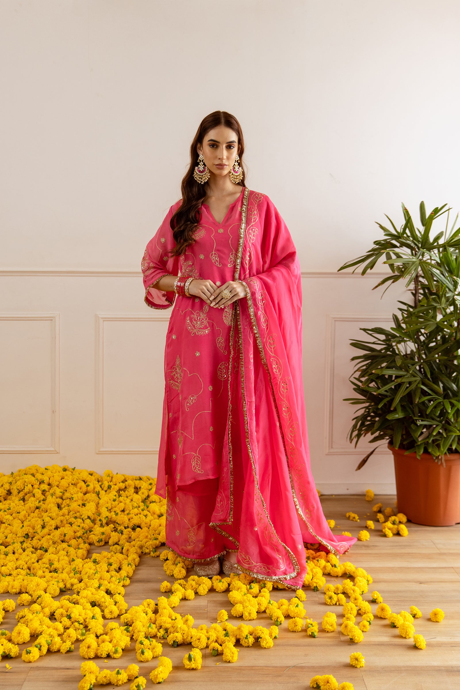 Fuschsia Pink Zari Embroidery Viscose Organza Straight Kurta Set - Asrumo