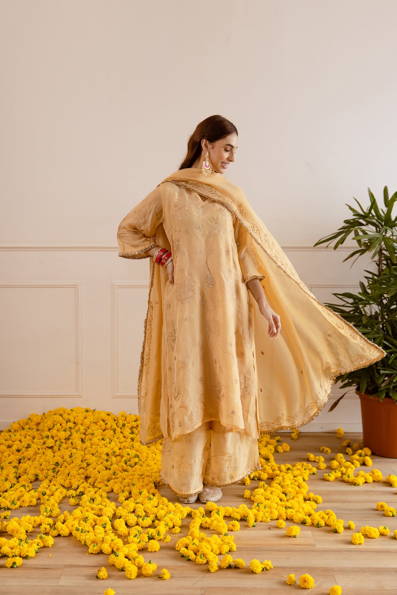 Golden Zari Embroidery Viscose Organza Straight Kurta Set - Asrumo