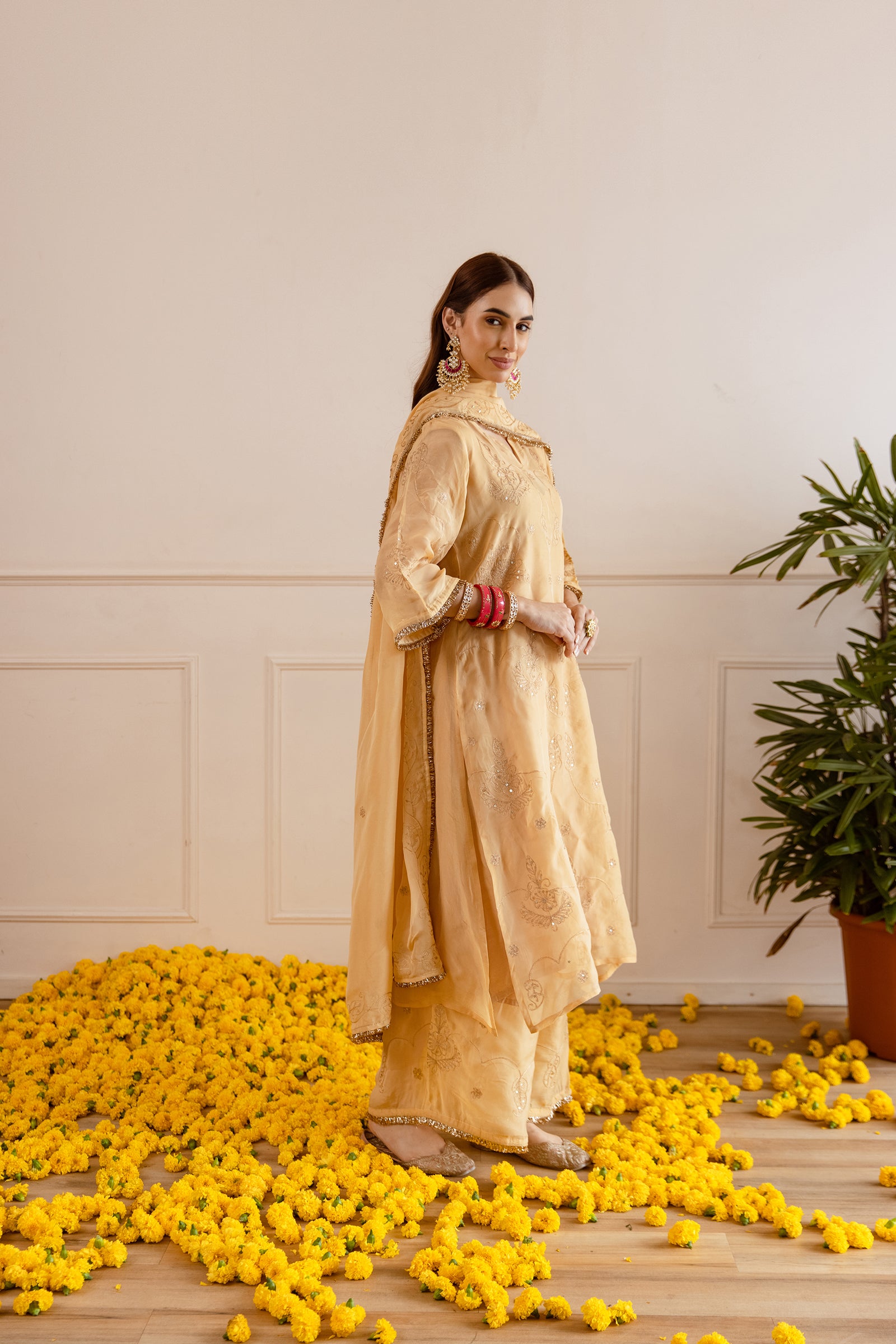 Golden Zari Embroidery Viscose Organza Straight Kurta Set - Asrumo