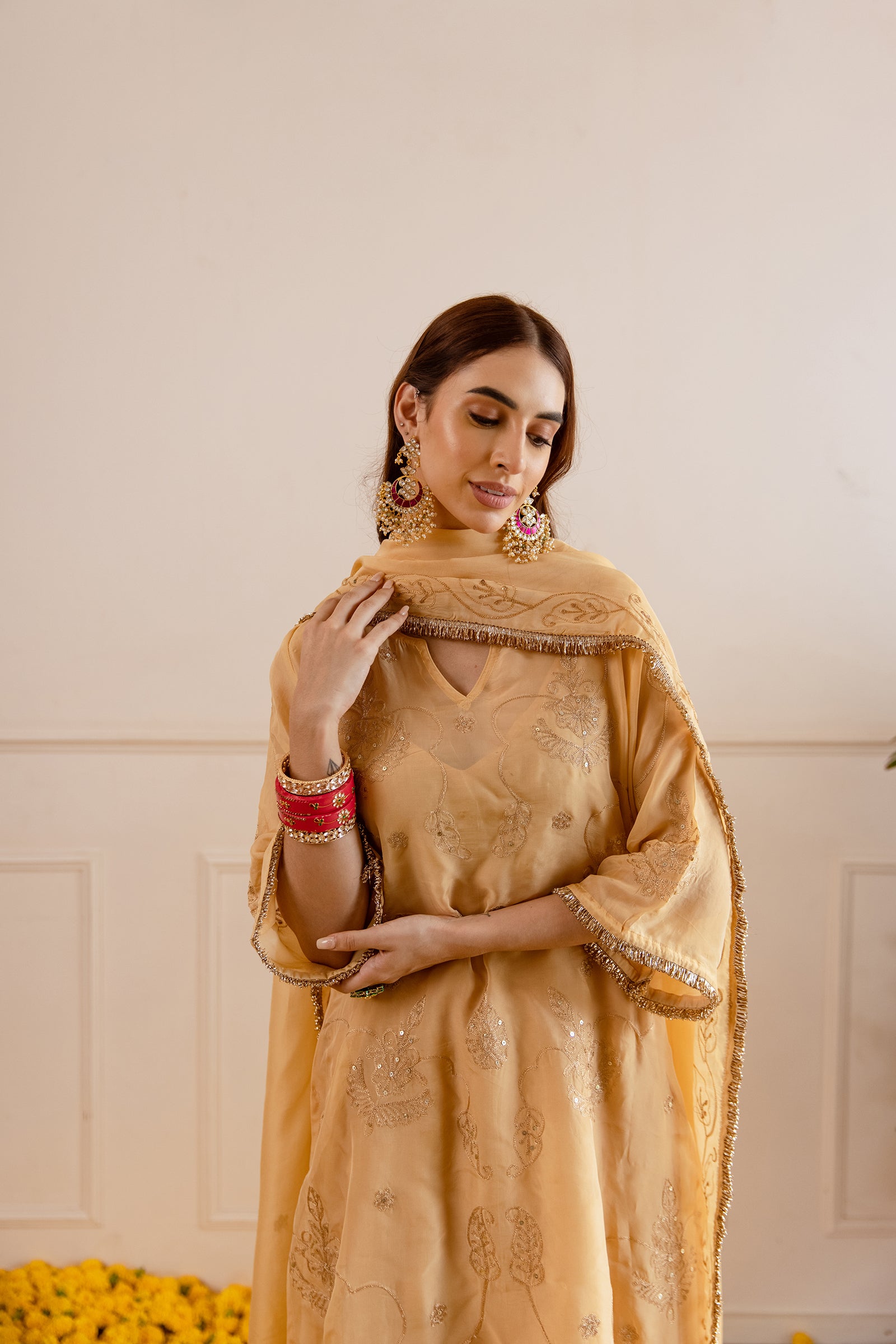 Golden Zari Embroidery Viscose Organza Straight Kurta Set - Asrumo