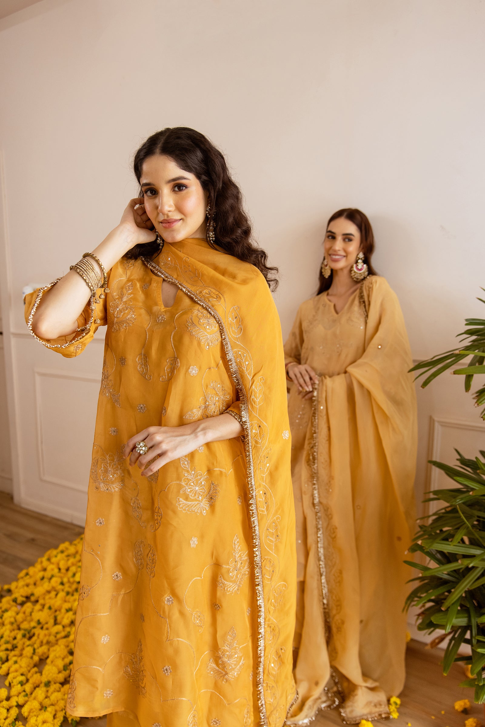 Golden Zari Embroidery Viscose Organza Straight Kurta Set - Asrumo