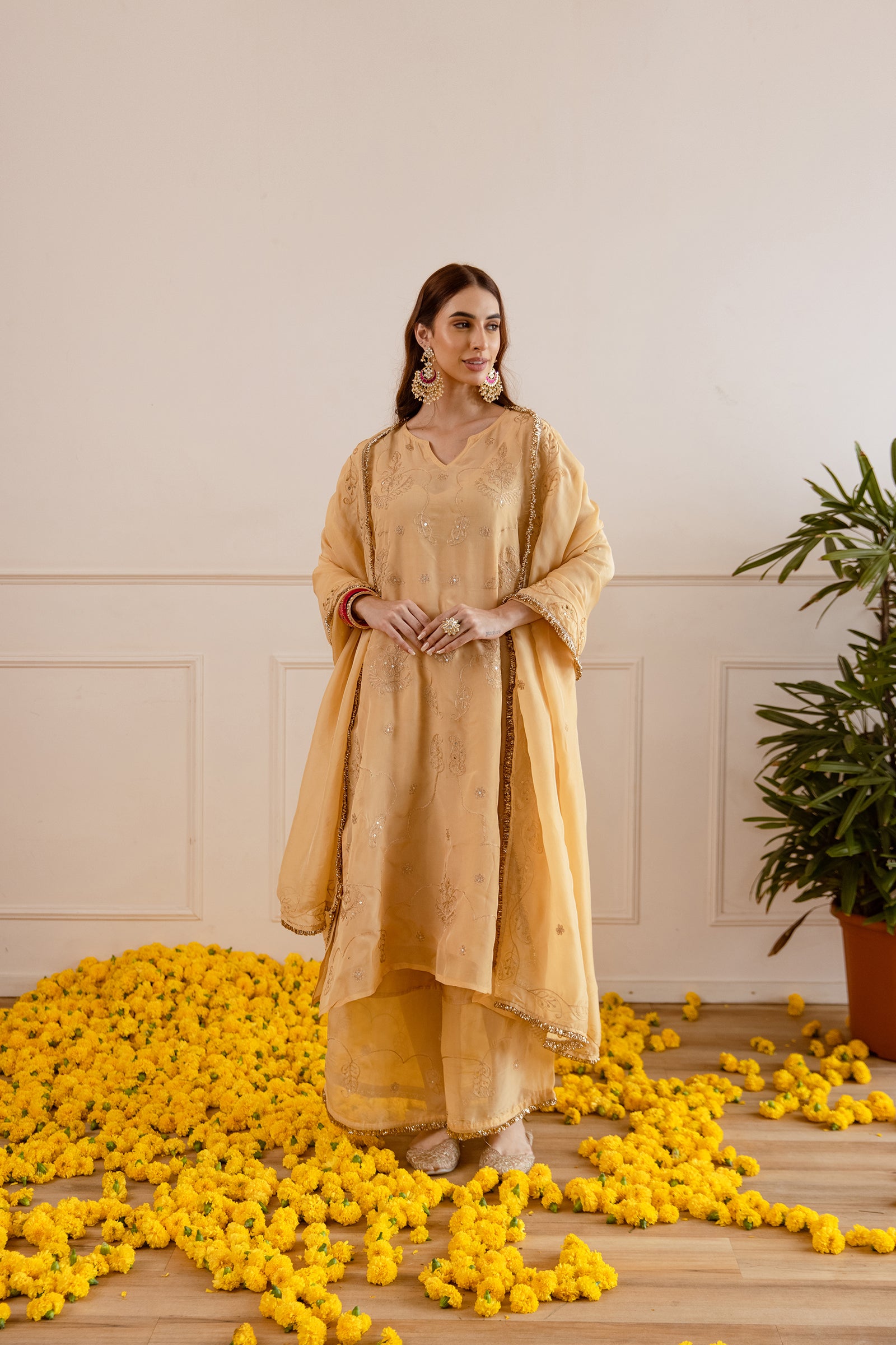 Golden Zari Embroidery Viscose Organza Straight Kurta Set - Asrumo