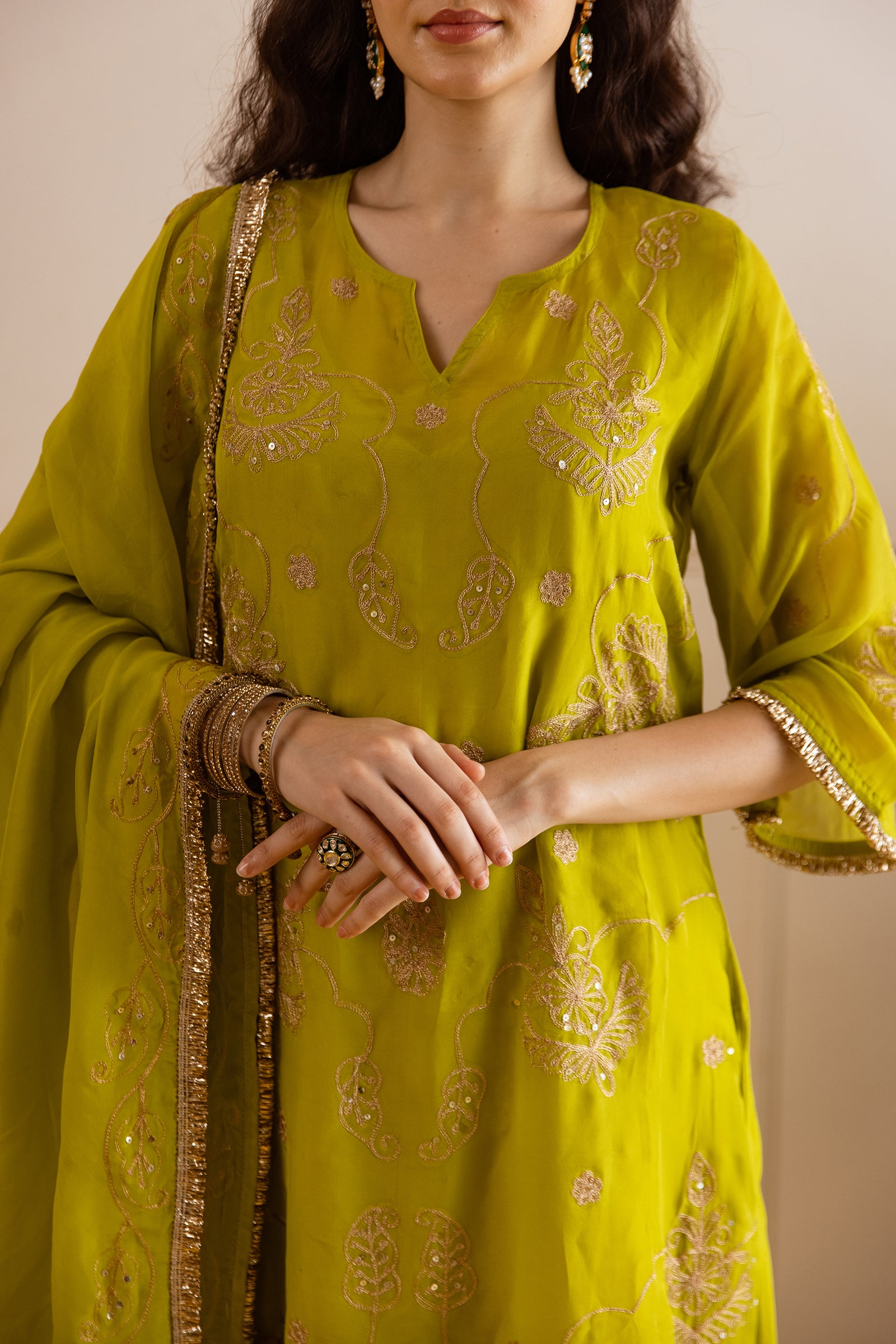 Green Embroidery Viscose Organza Straight Kurta Set - Asrumo