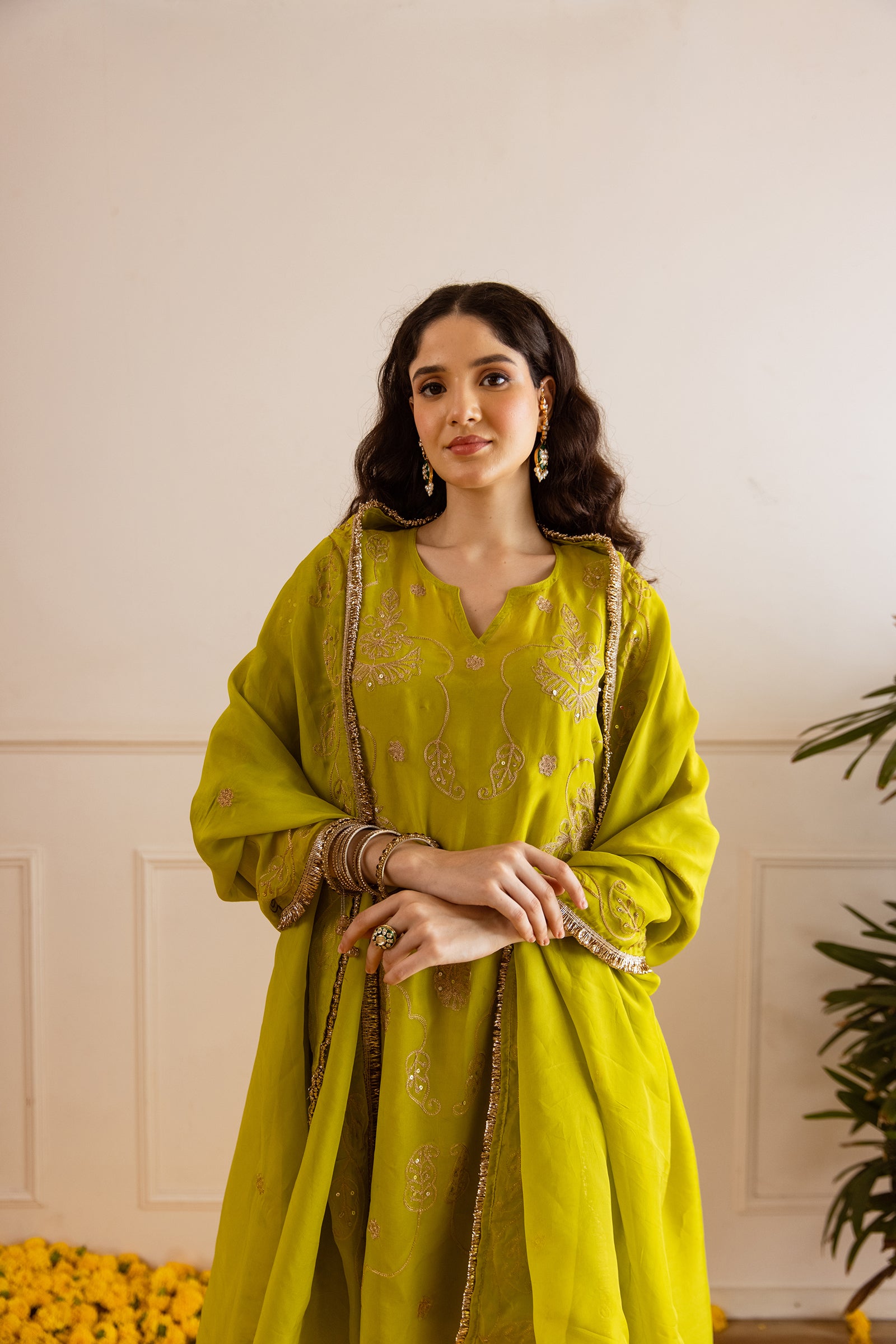 Green Embroidery Viscose Organza Straight Kurta Set - Asrumo