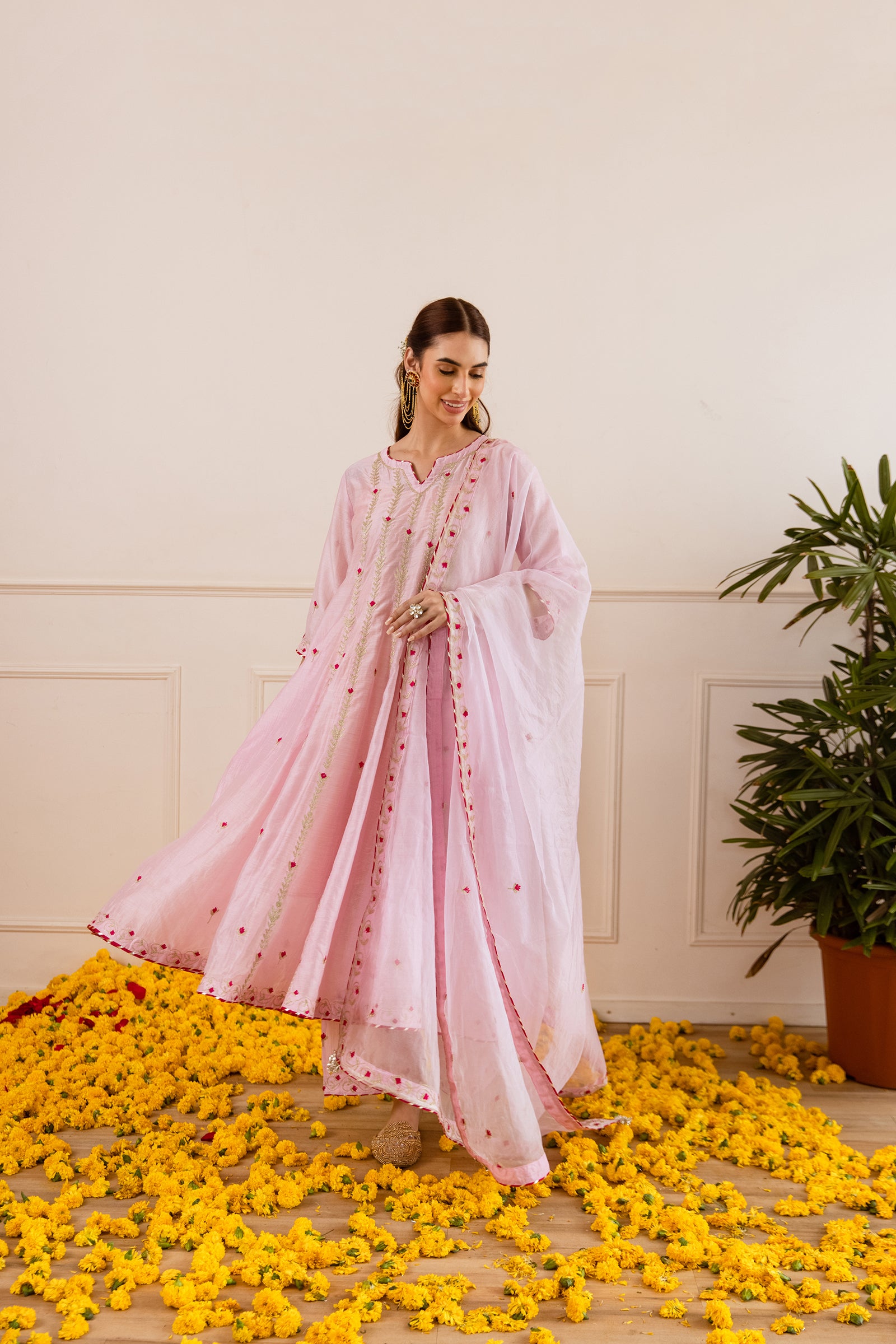 Blush Pink Chanderi Zari Anarkali suit - Asrumo
