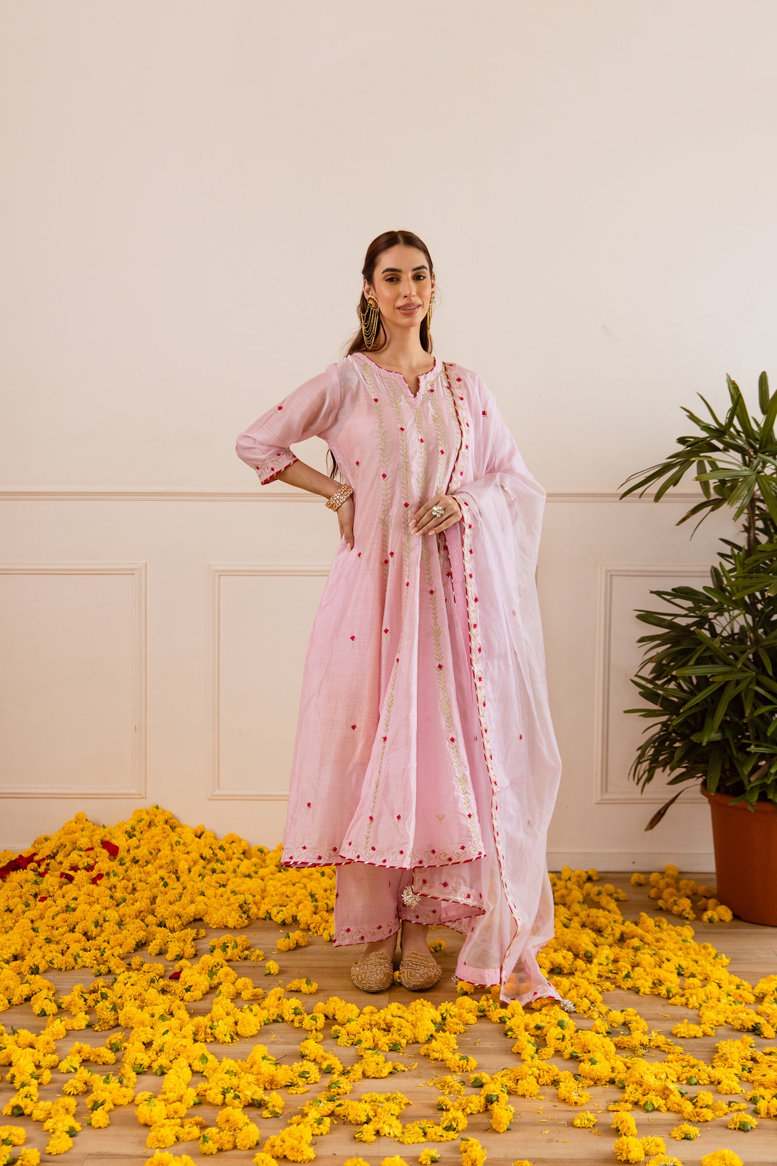 Blush Pink Chanderi Zari Anarkali suit - Asrumo