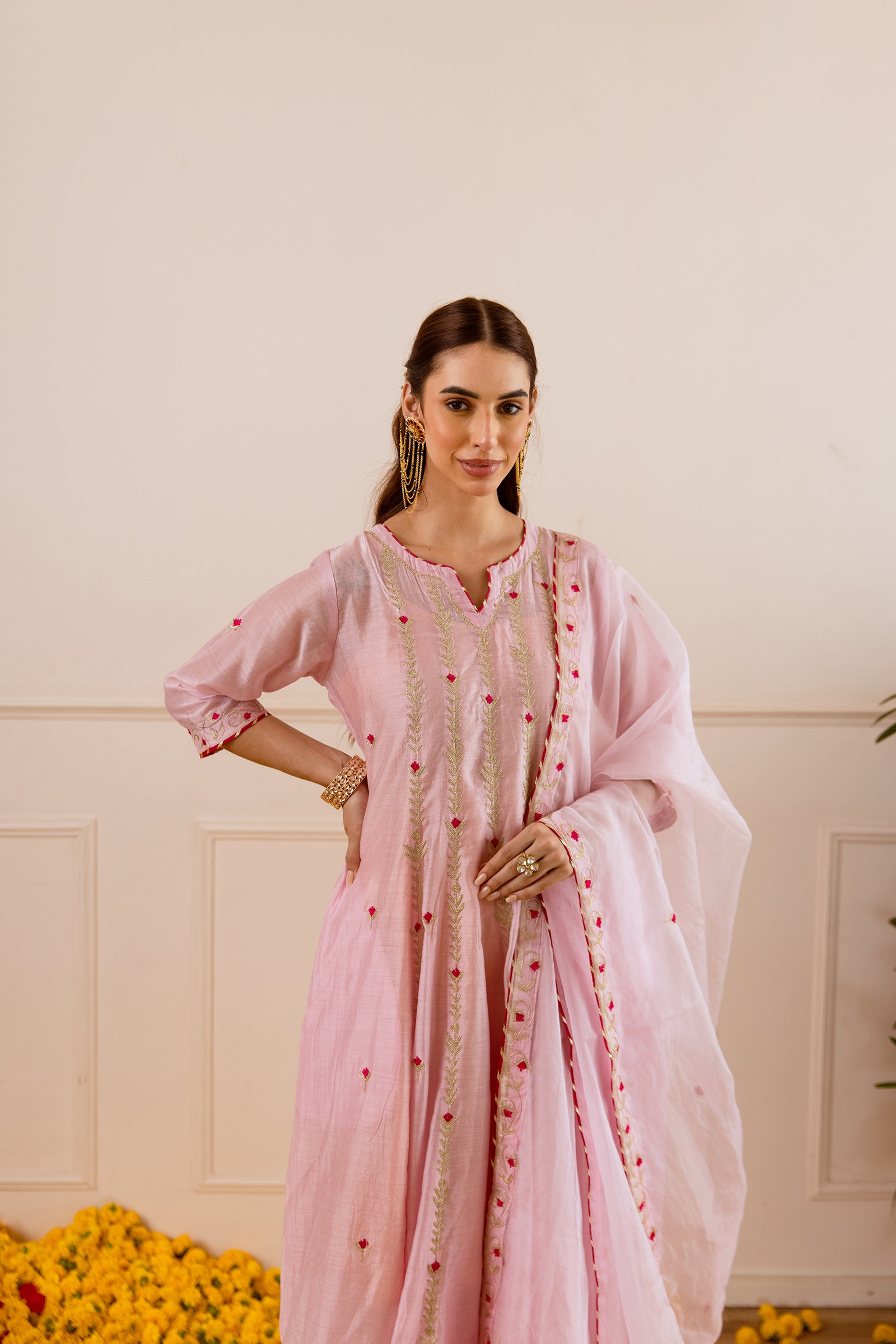 Blush Pink Chanderi Zari Anarkali suit - Asrumo