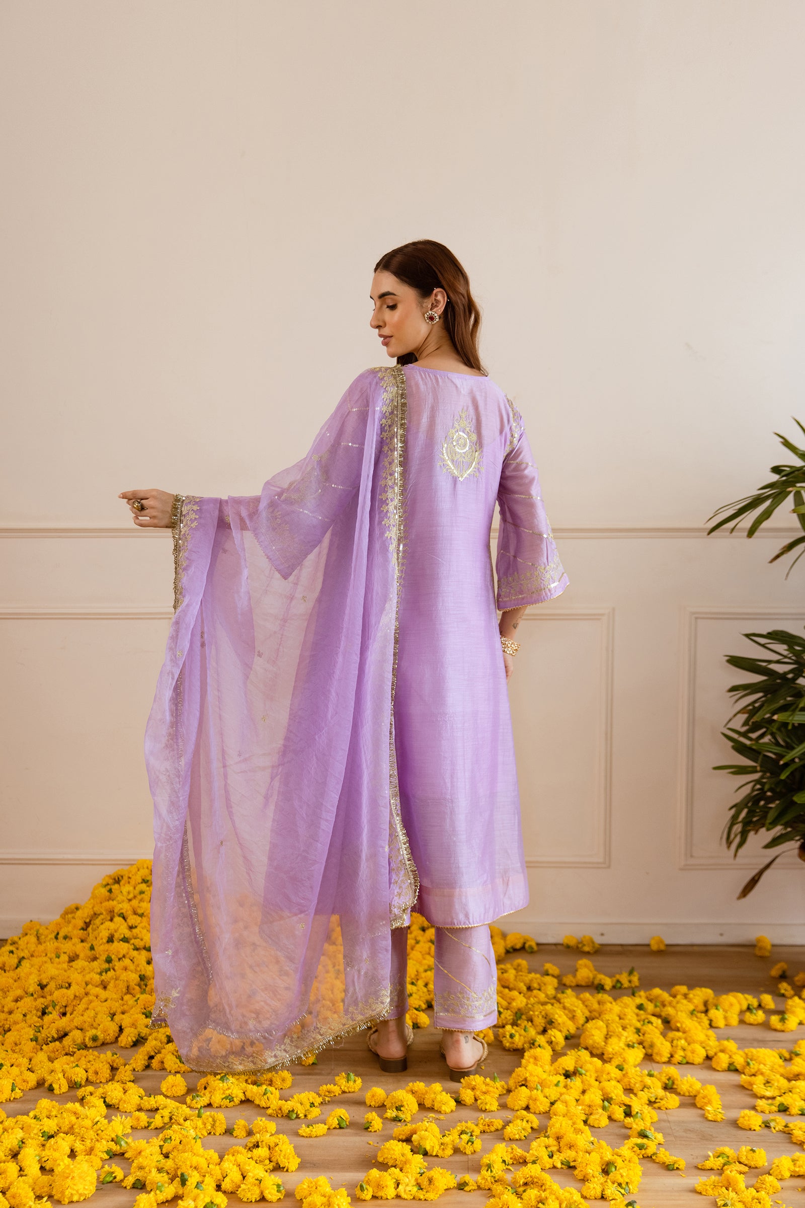 Lilac Chanderi Three Kali Kurta Set With Elegant Embroiderd Organza Duppatta