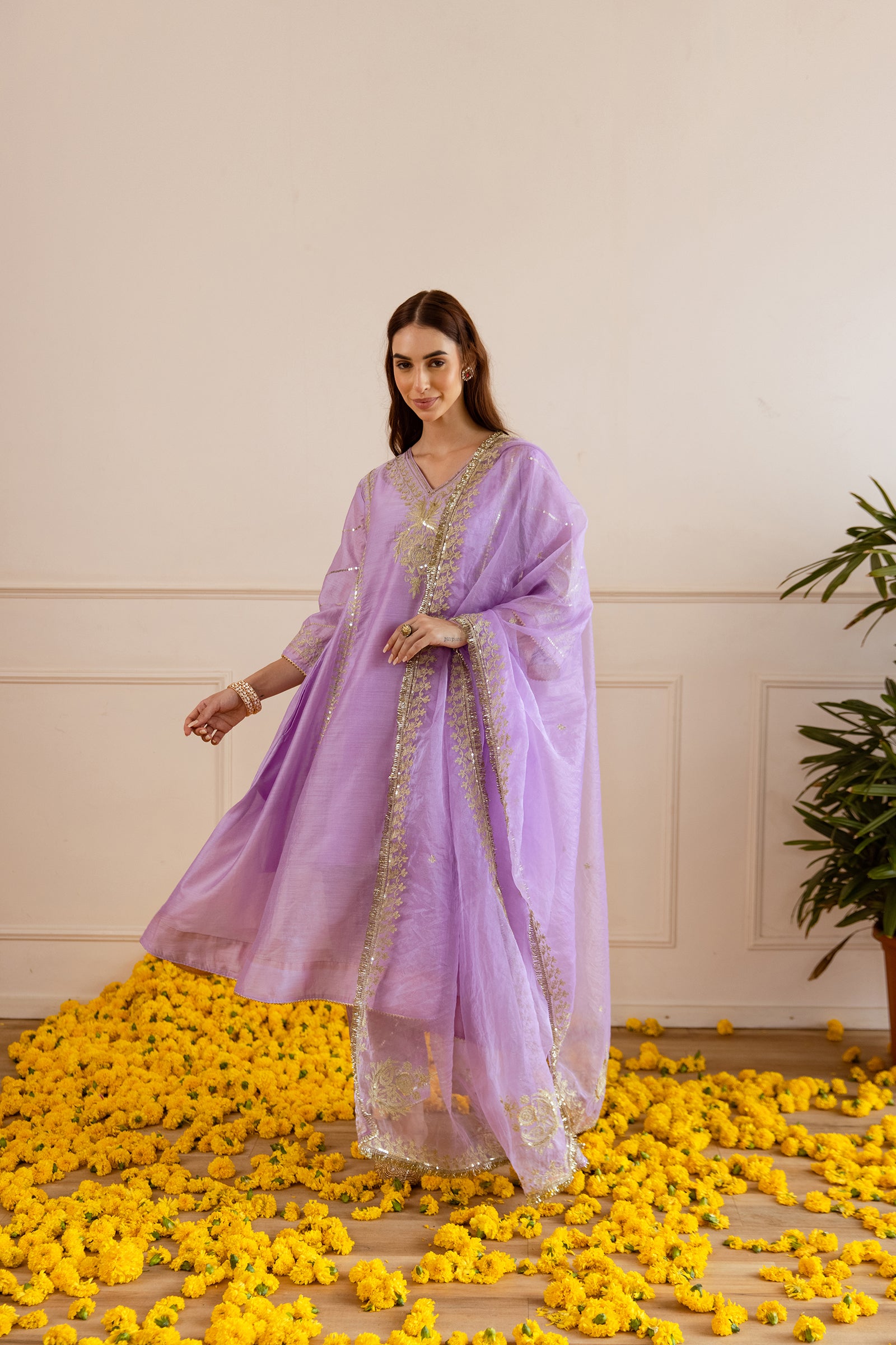 Lilac Chanderi Three Kali Kurta Set With Elegant Embroiderd Organza Duppatta
