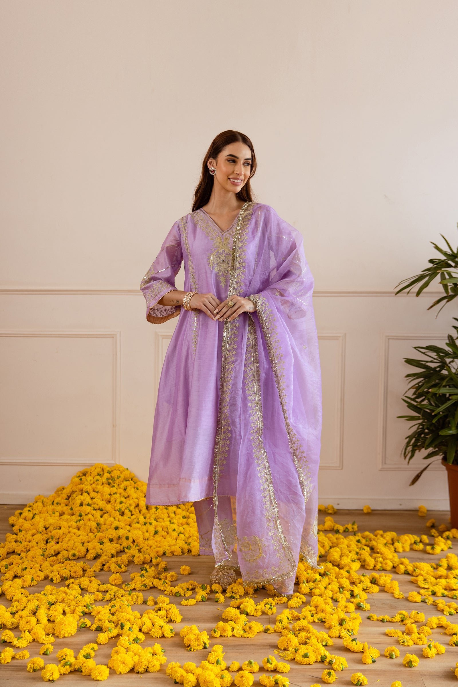 Lilac Chanderi Three Kali Kurta Set With Elegant Embroiderd Organza Duppatta
