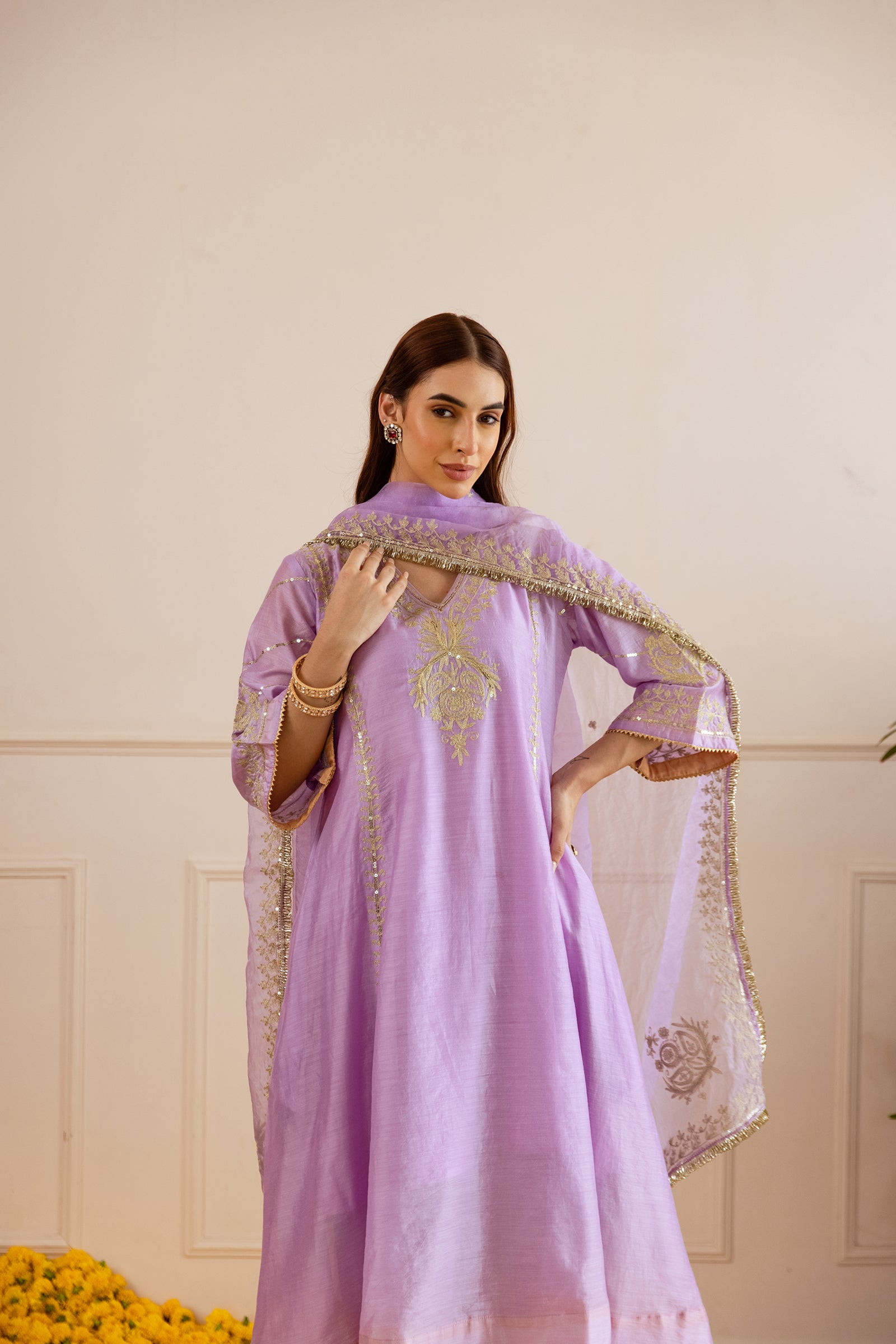 Lilac Chanderi Three Kali Kurta Set With Elegant Embroiderd Organza Duppatta