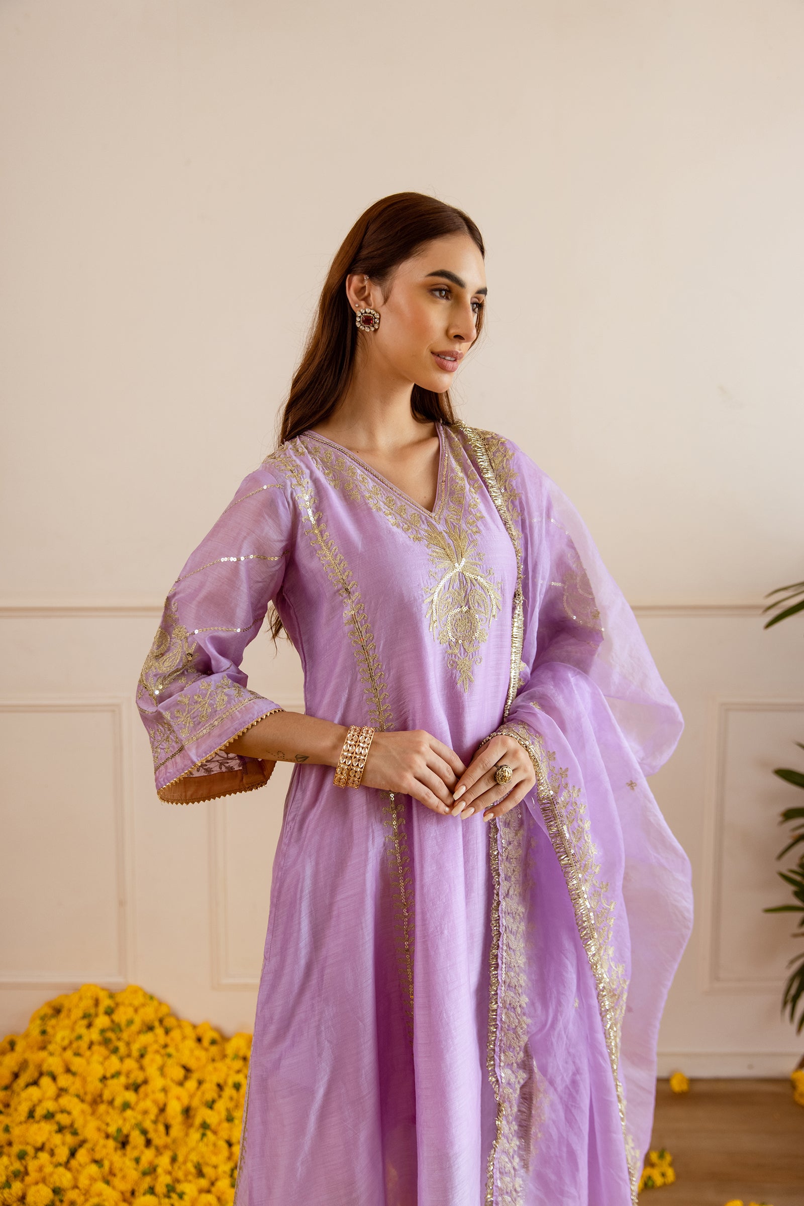 Lilac Chanderi Three Kali Kurta Set With Elegant Embroiderd Organza Duppatta