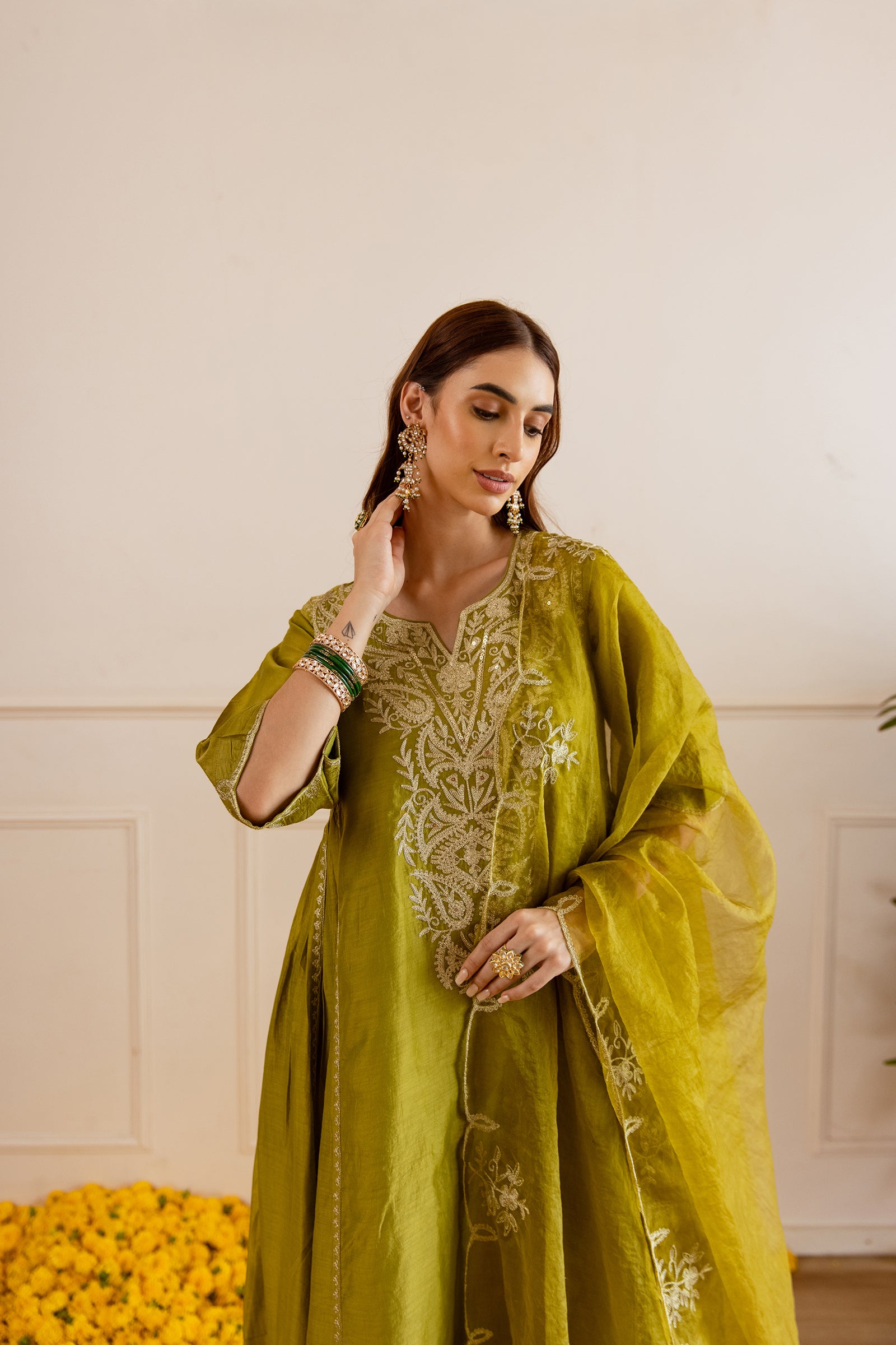 Green Chanderi Kurta Set With Organza Dupatta - Asrumo