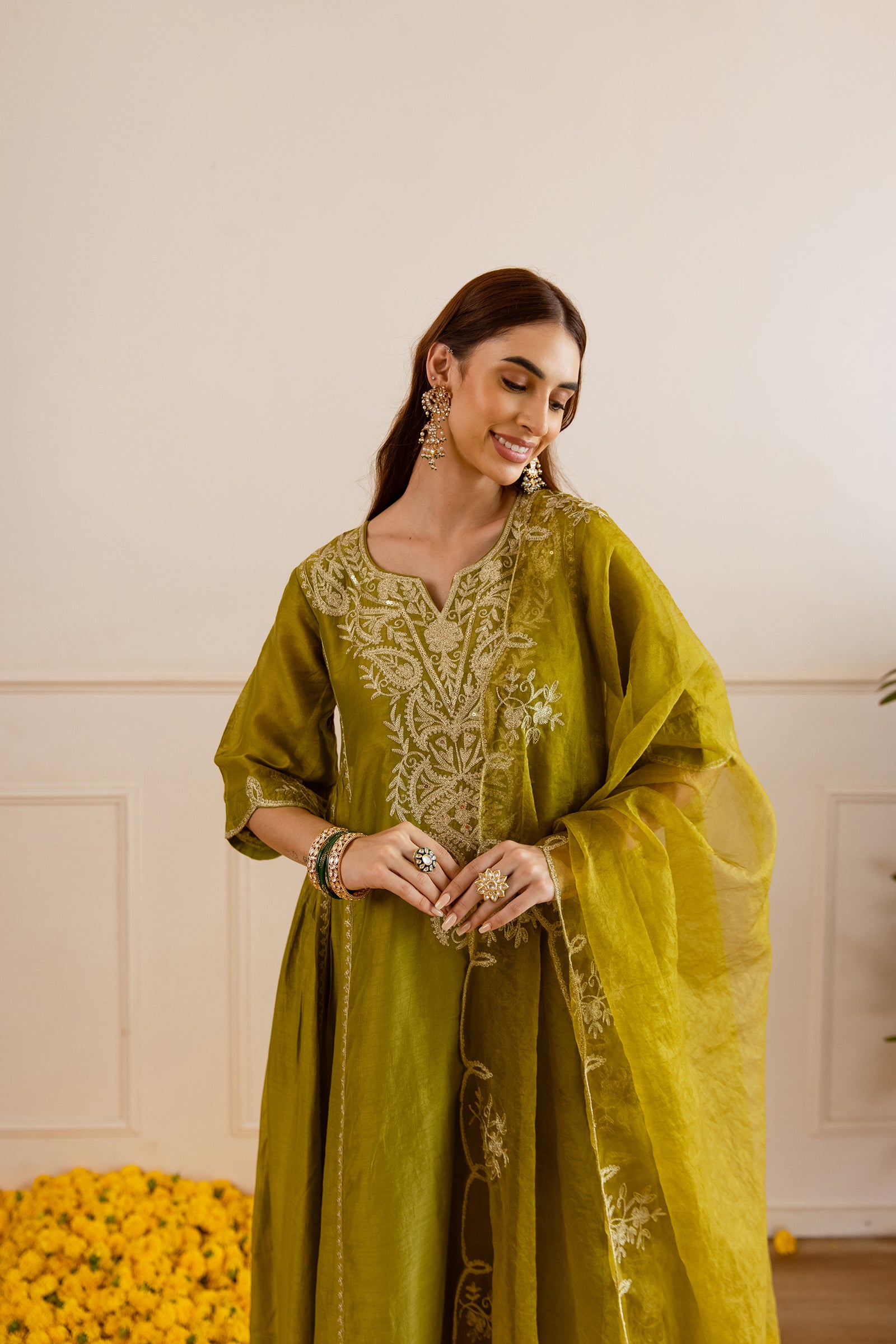 Green Chanderi Kurta Set With Organza Dupatta - Asrumo
