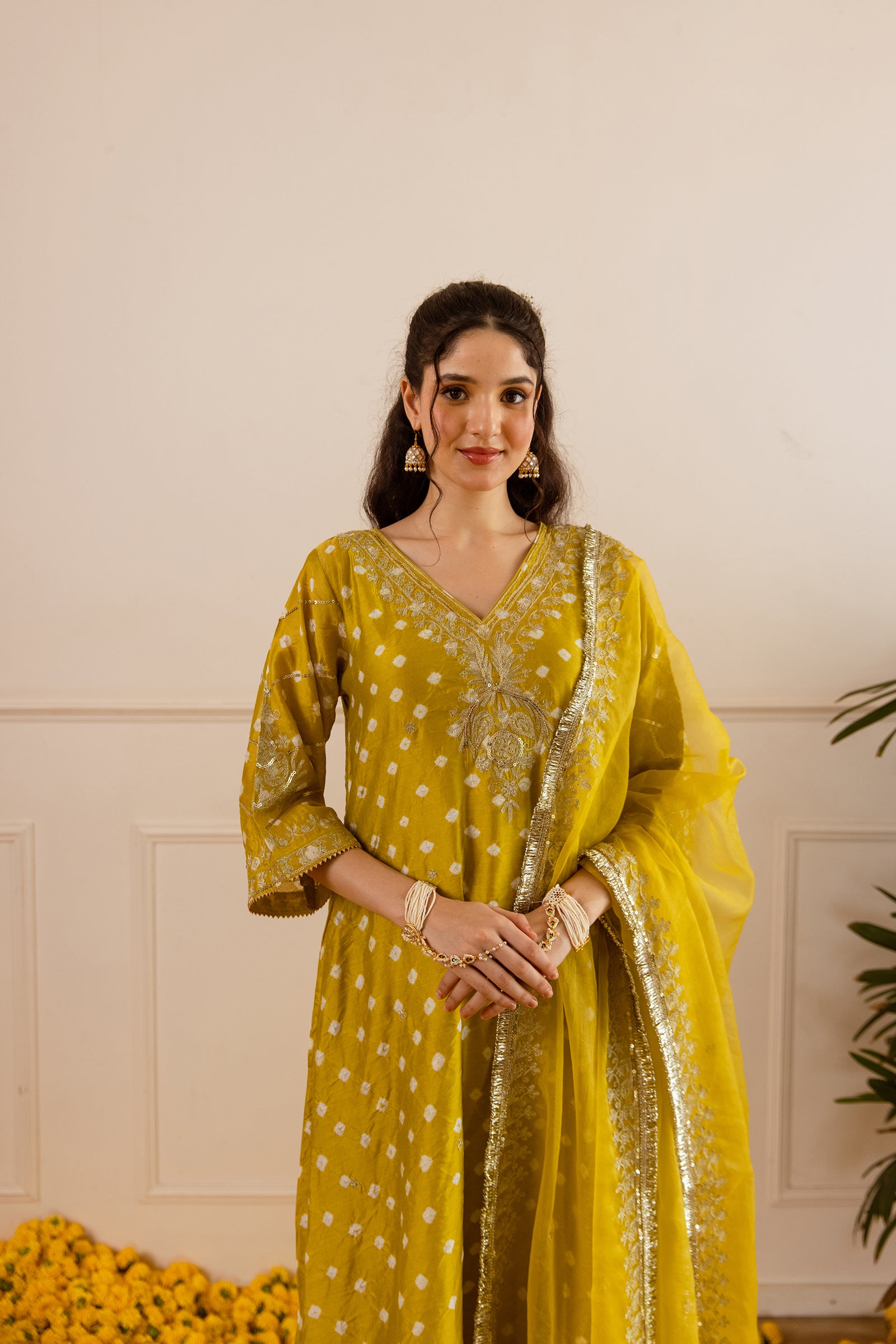Lime Yellow Hand Bandhej Straight Suit Set - Asrumo