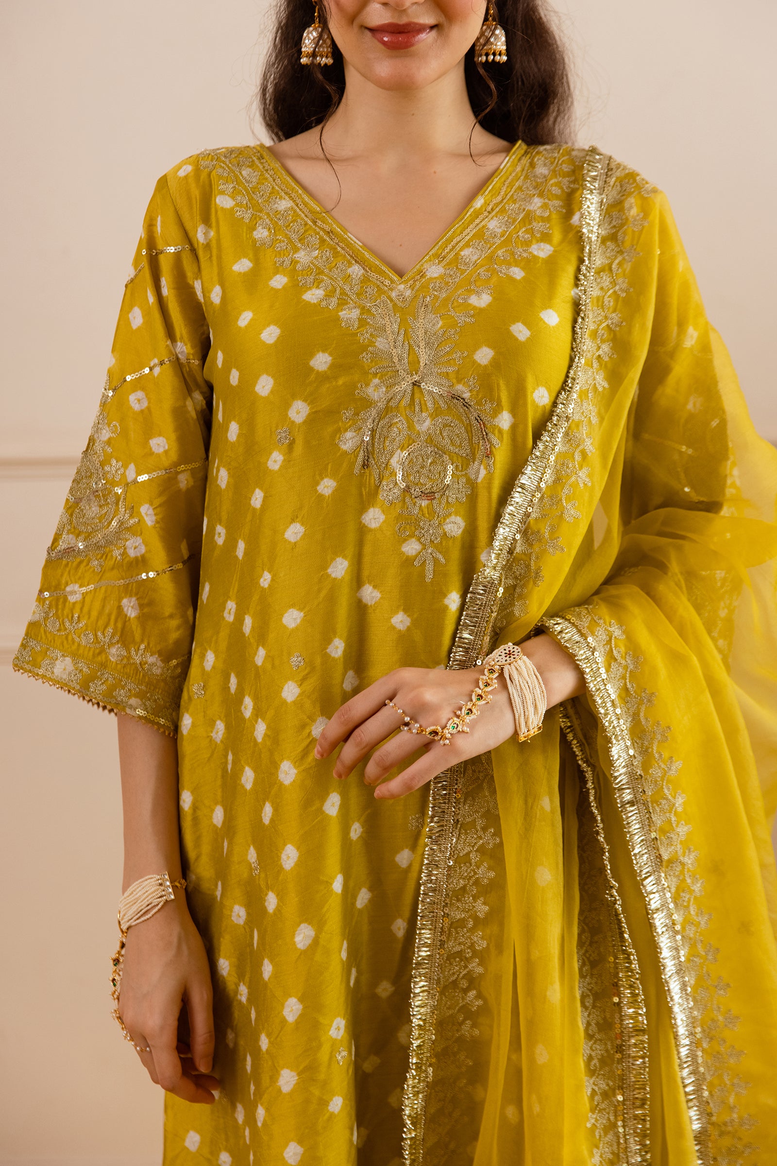 Lime Yellow Hand Bandhej Straight Suit Set - Asrumo
