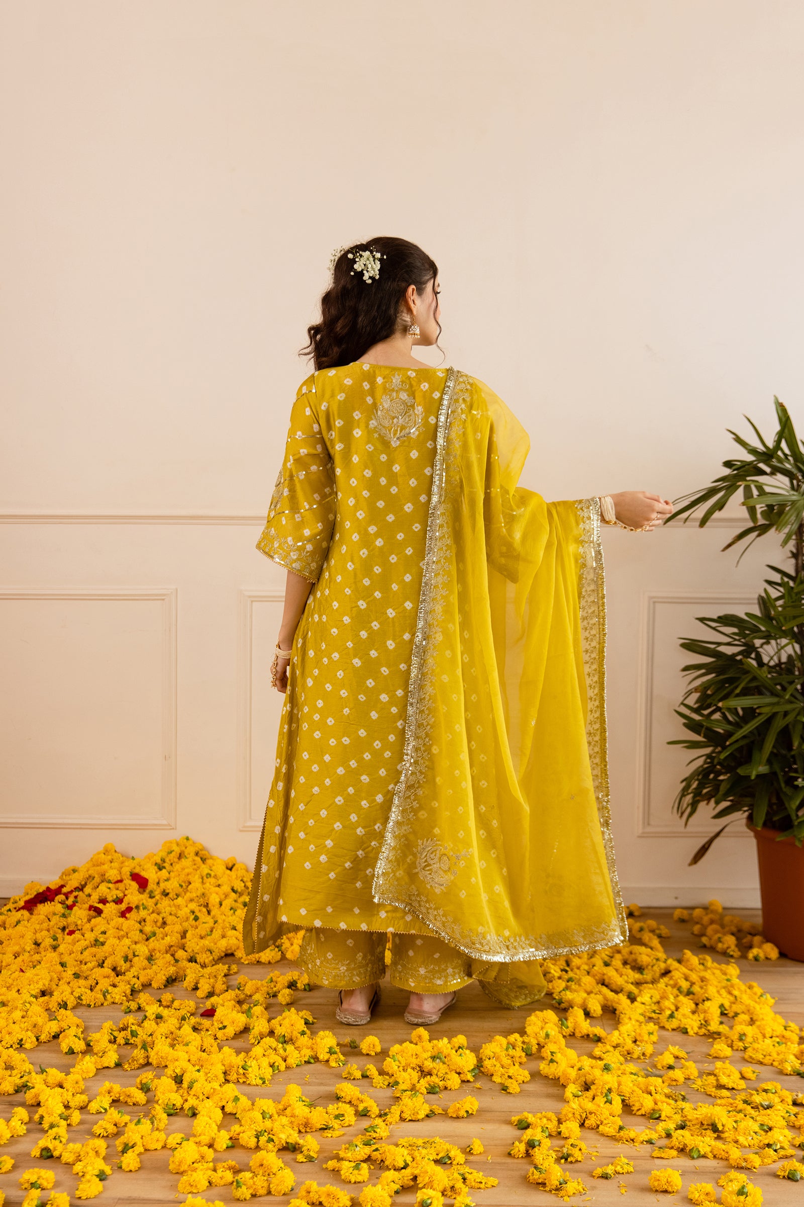 Lime Yellow Hand Bandhej Straight Suit Set - Asrumo