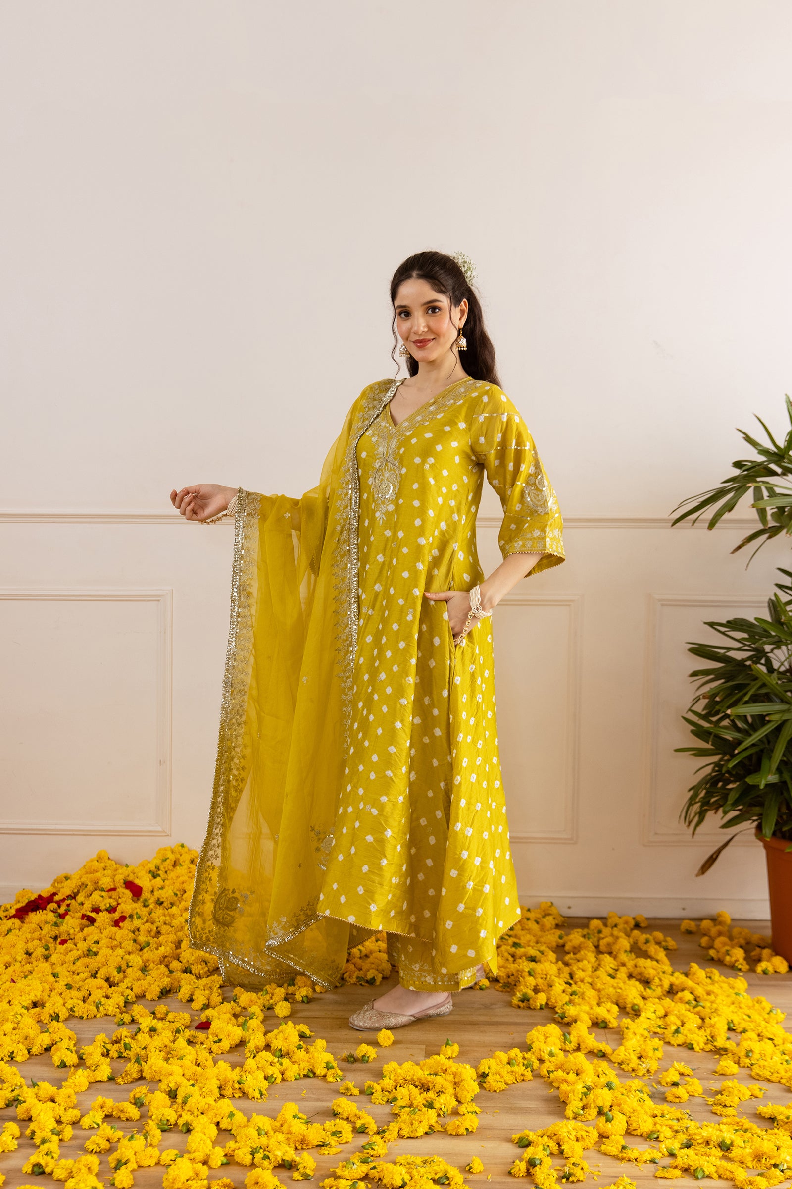 Lime Yellow Hand Bandhej Straight Suit Set - Asrumo
