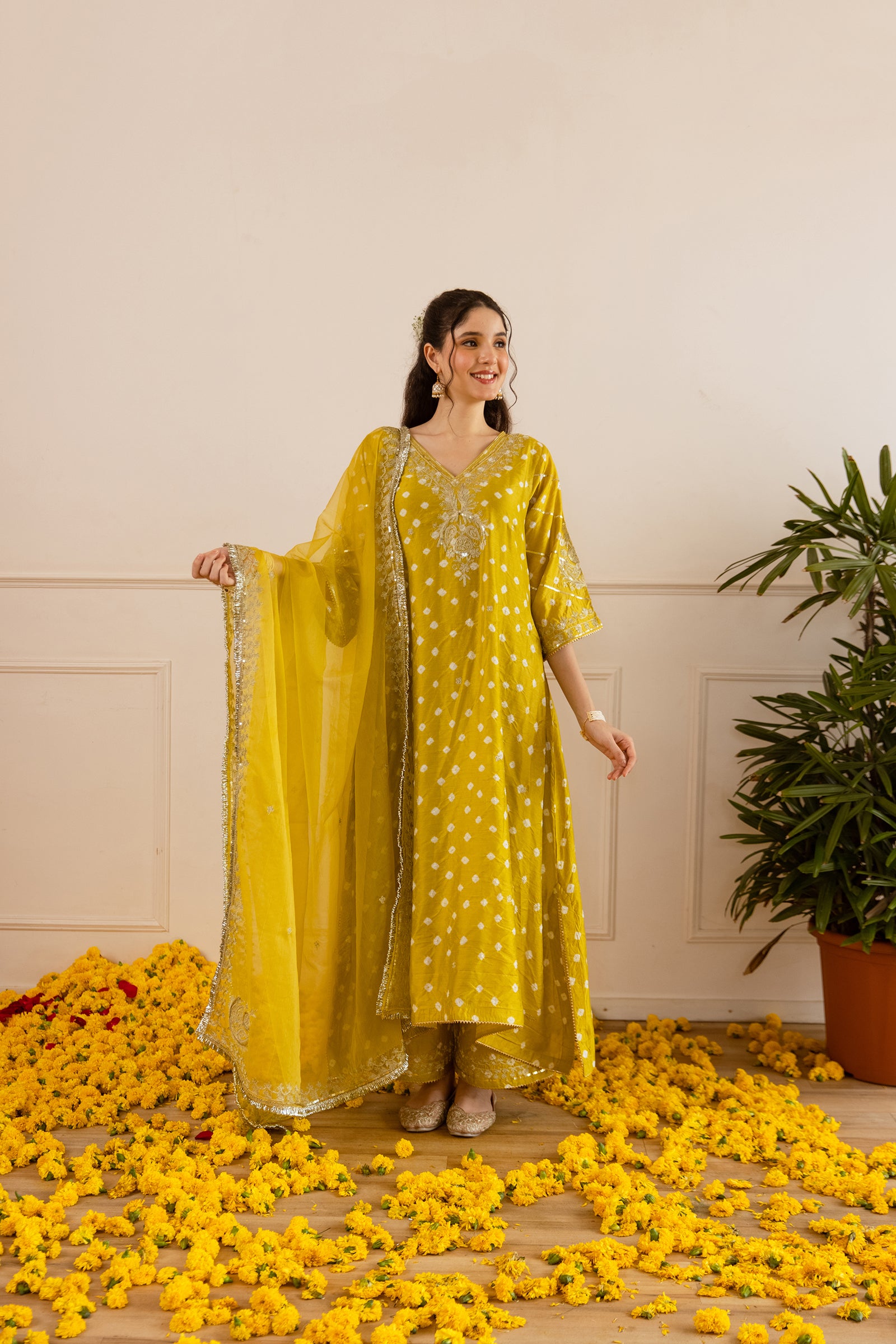 Lime Yellow Hand Bandhej Straight Suit Set - Asrumo