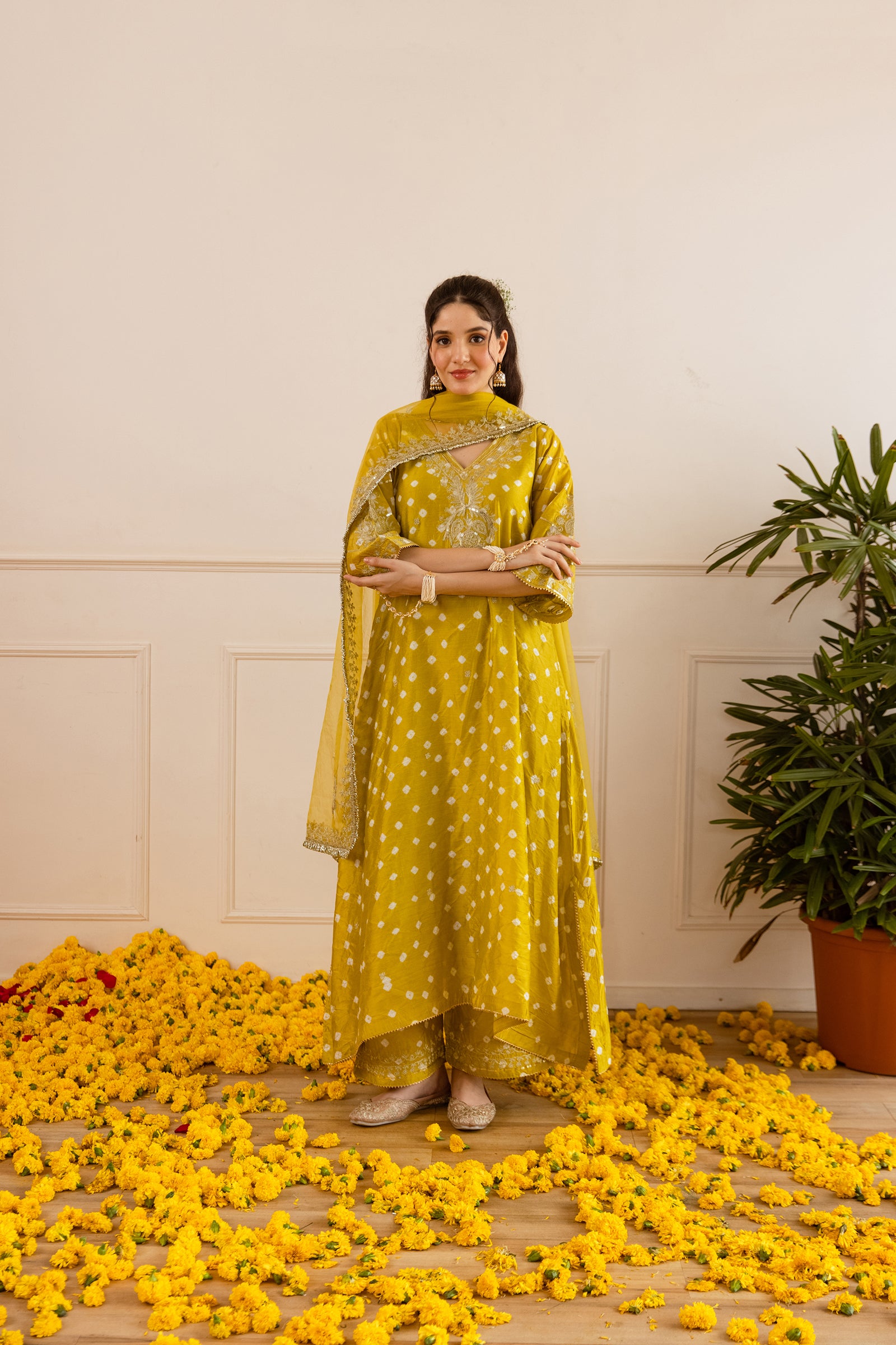 Lime Yellow Hand Bandhej Straight Suit Set - Asrumo