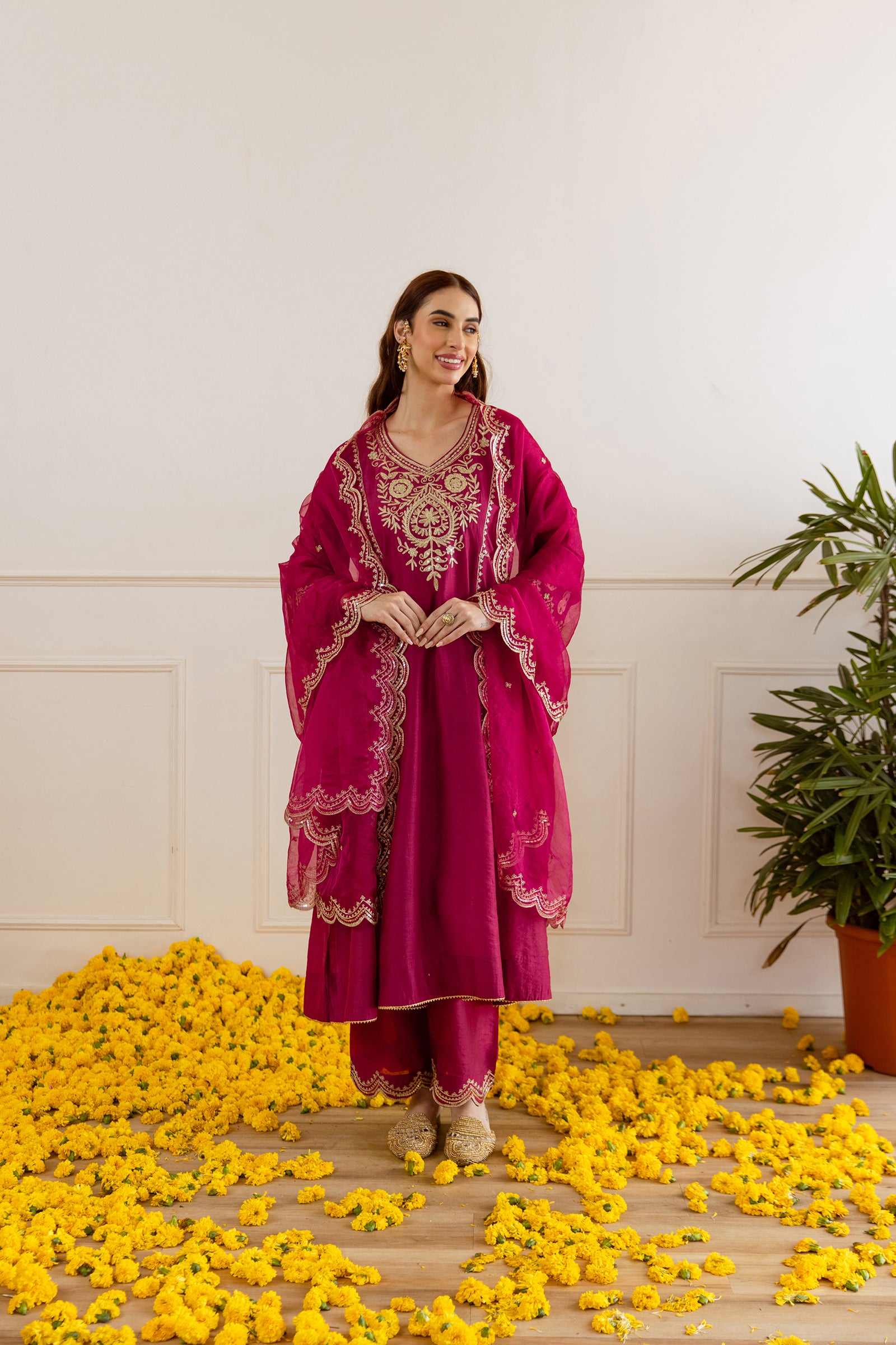 Red Chanderi A Line Kurta Set - Asrumo