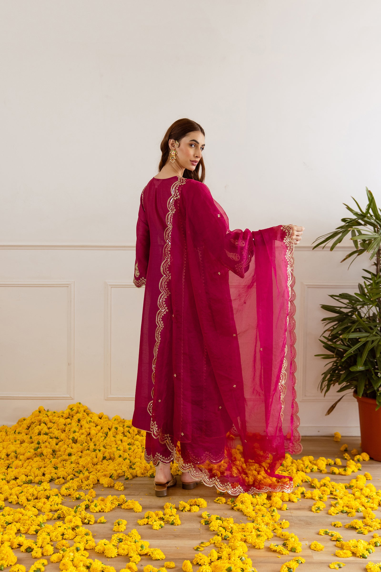 Red Chanderi A Line Kurta Set - Asrumo