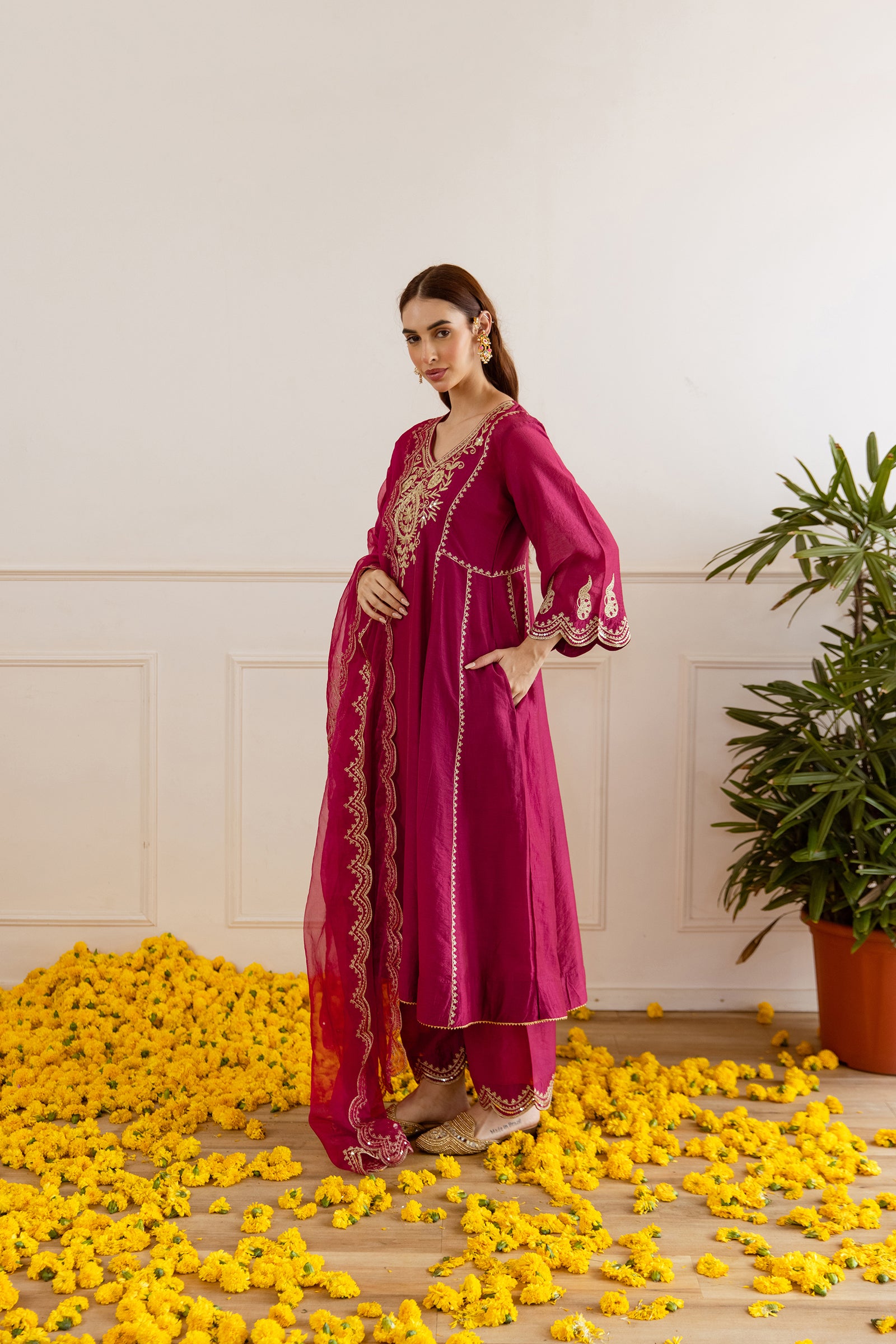 Red Chanderi A Line Kurta Set - Asrumo