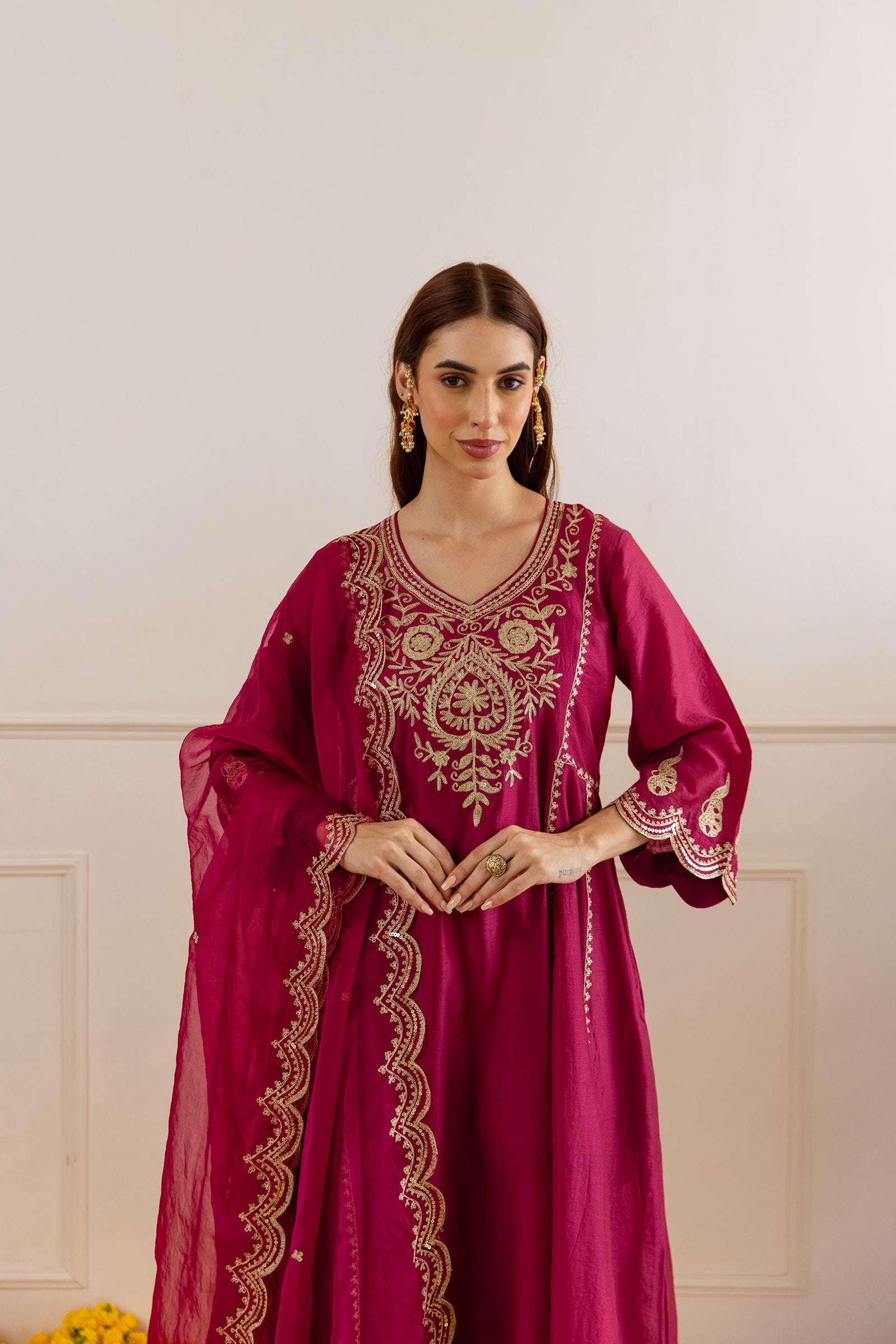 Red Chanderi A Line Kurta Set - Asrumo