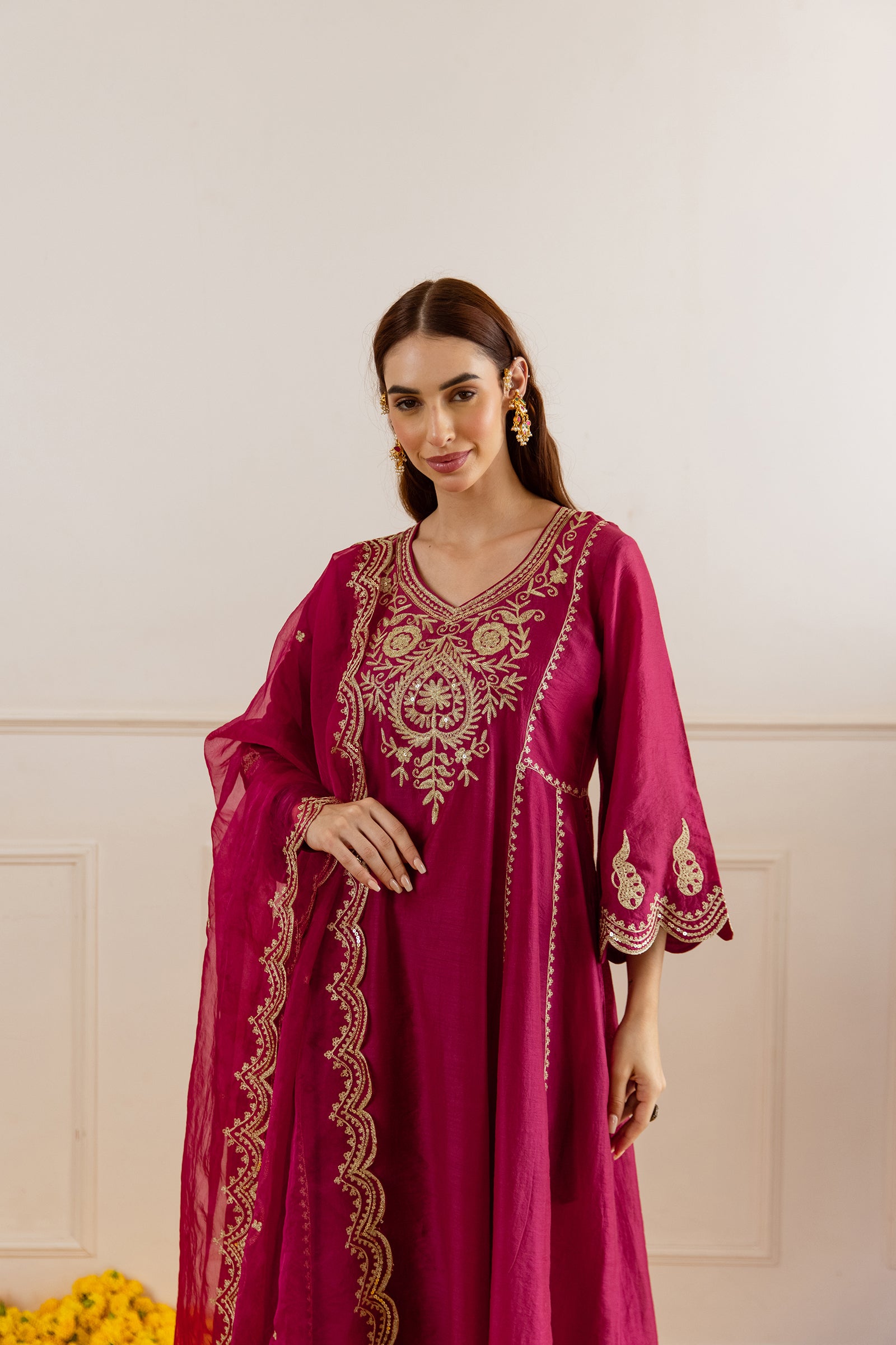 Red Chanderi A Line Kurta Set - Asrumo