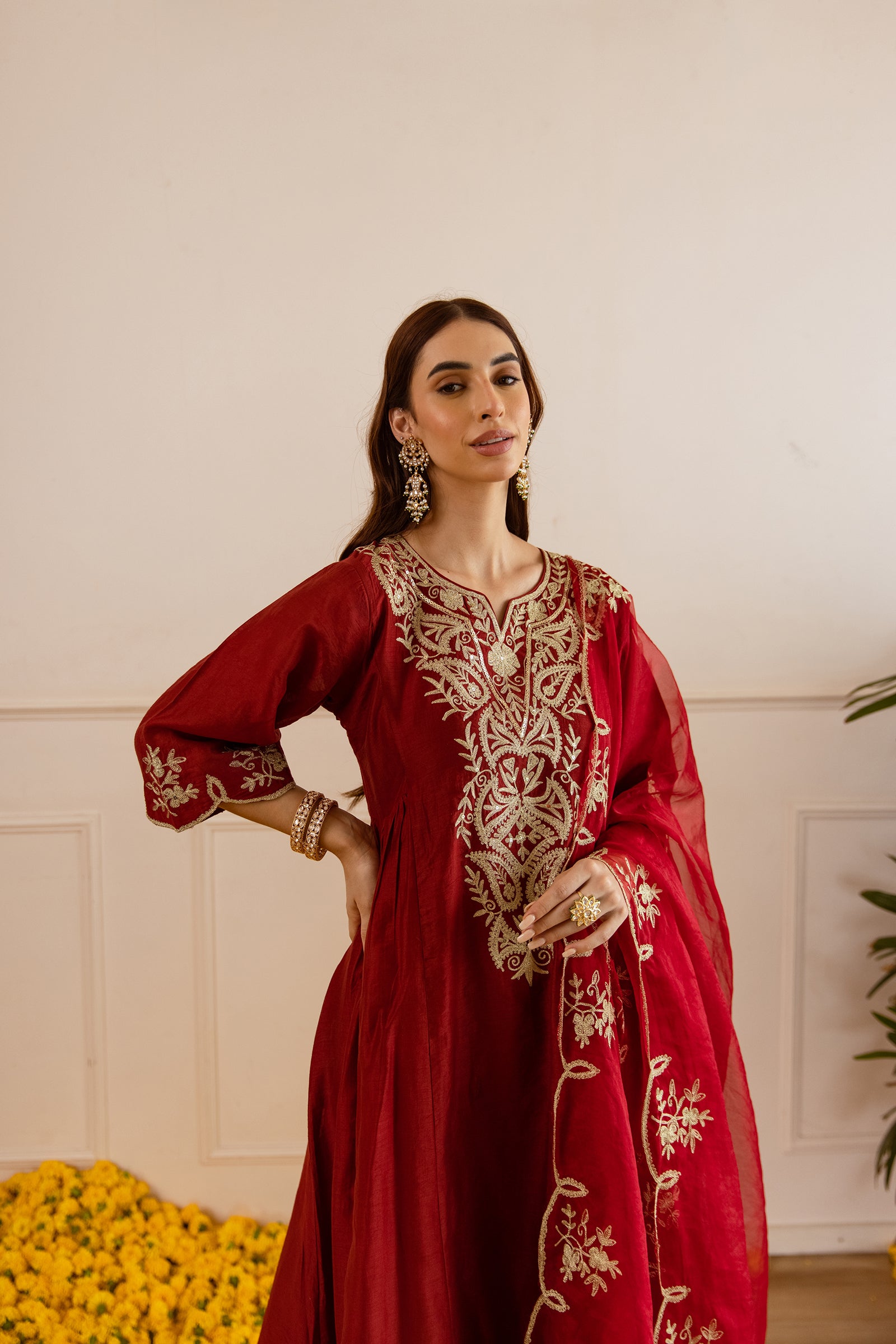 Maroon Chanderi Kurta Set With Organza Dupatta - Asrumo