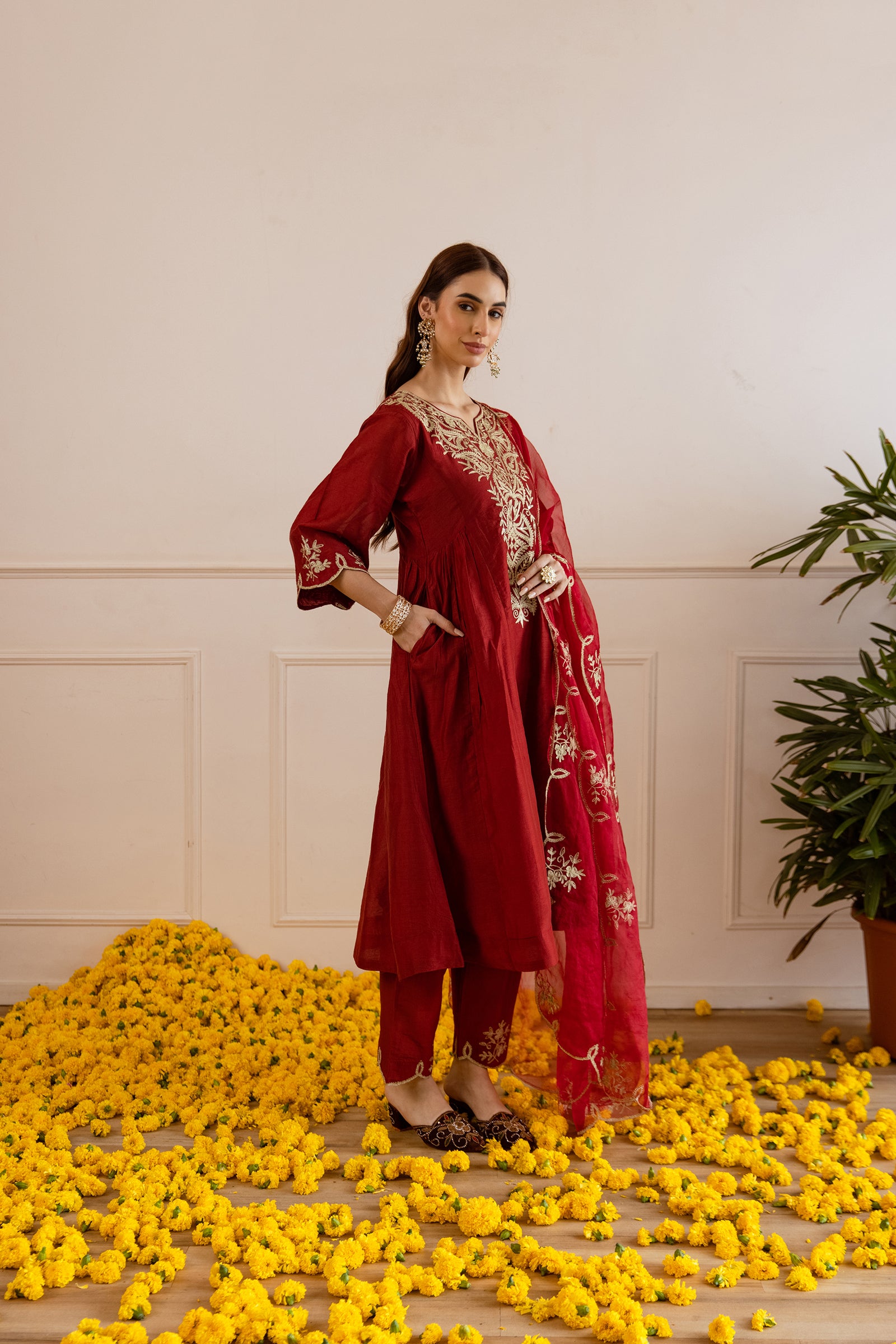 Maroon Chanderi Kurta Set With Organza Dupatta - Asrumo