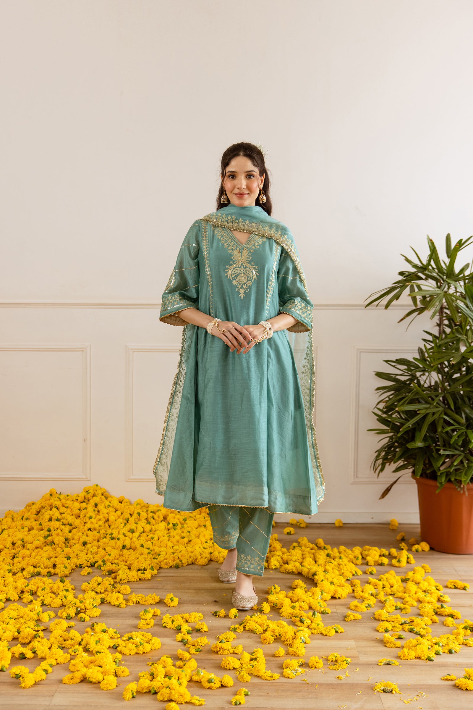 Sea Mint Chanderi Three Kali Kurta Set - Asrumo