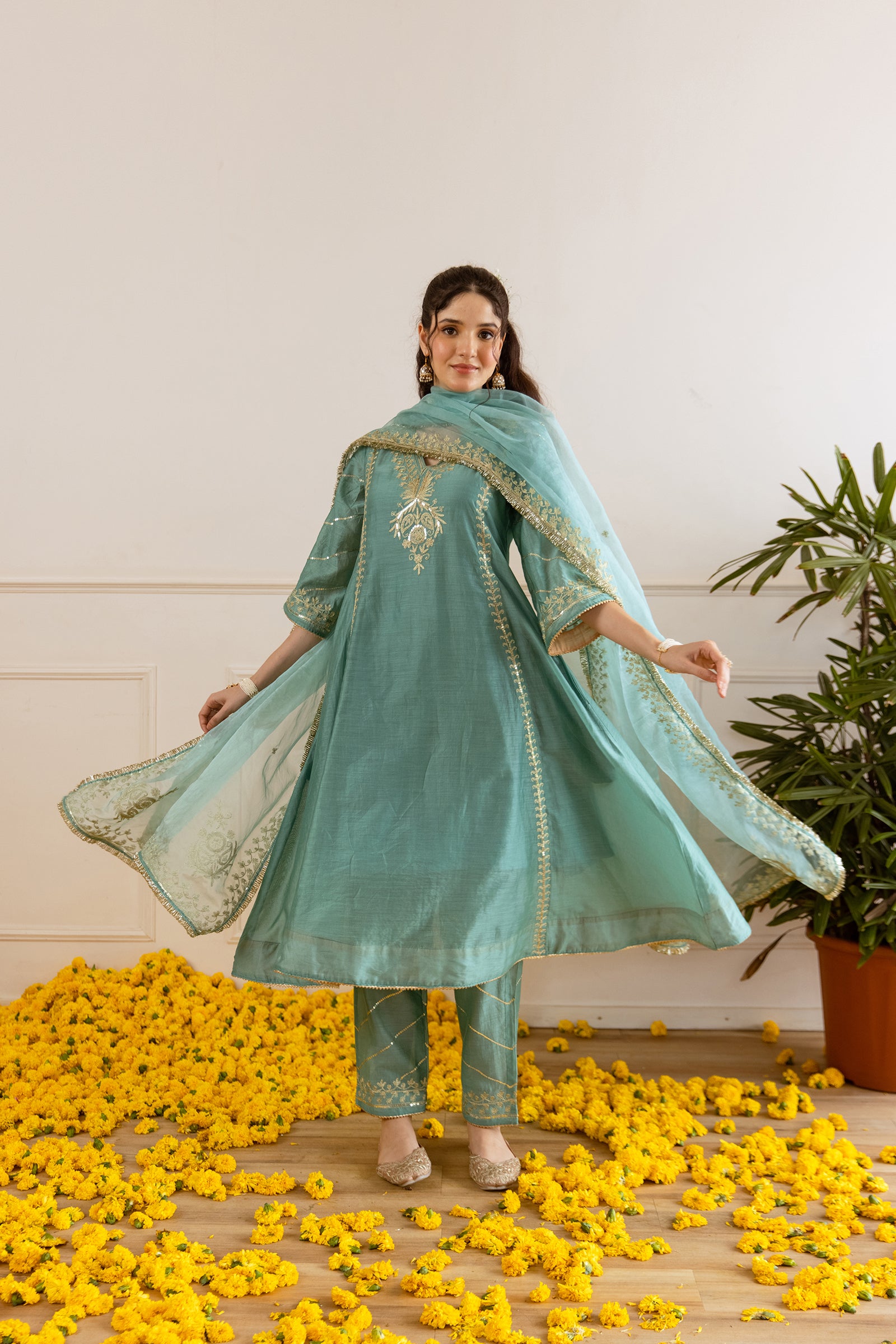 Sea Mint Chanderi Three Kali Kurta Set - Asrumo