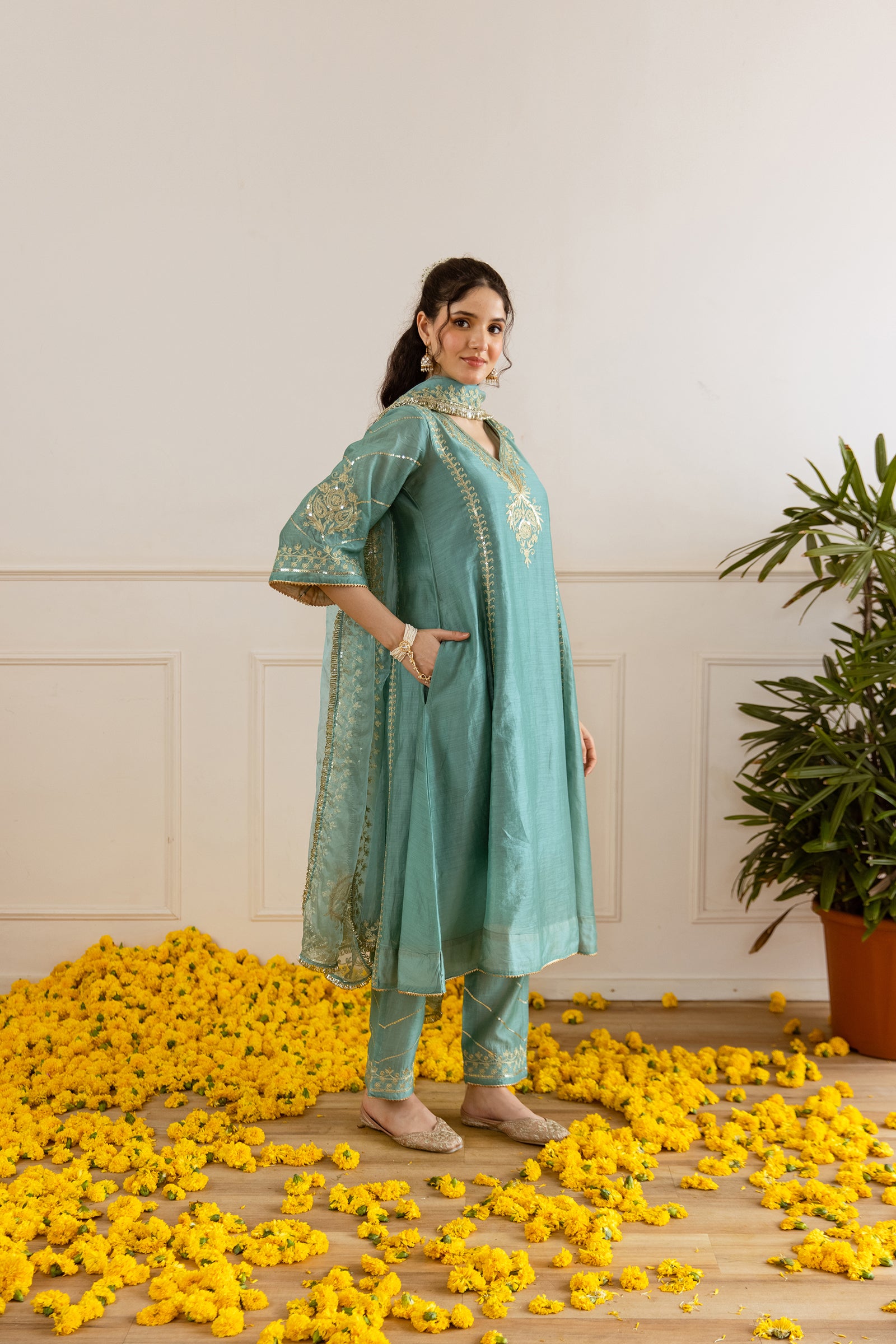 Sea Mint Chanderi Three Kali Kurta Set - Asrumo