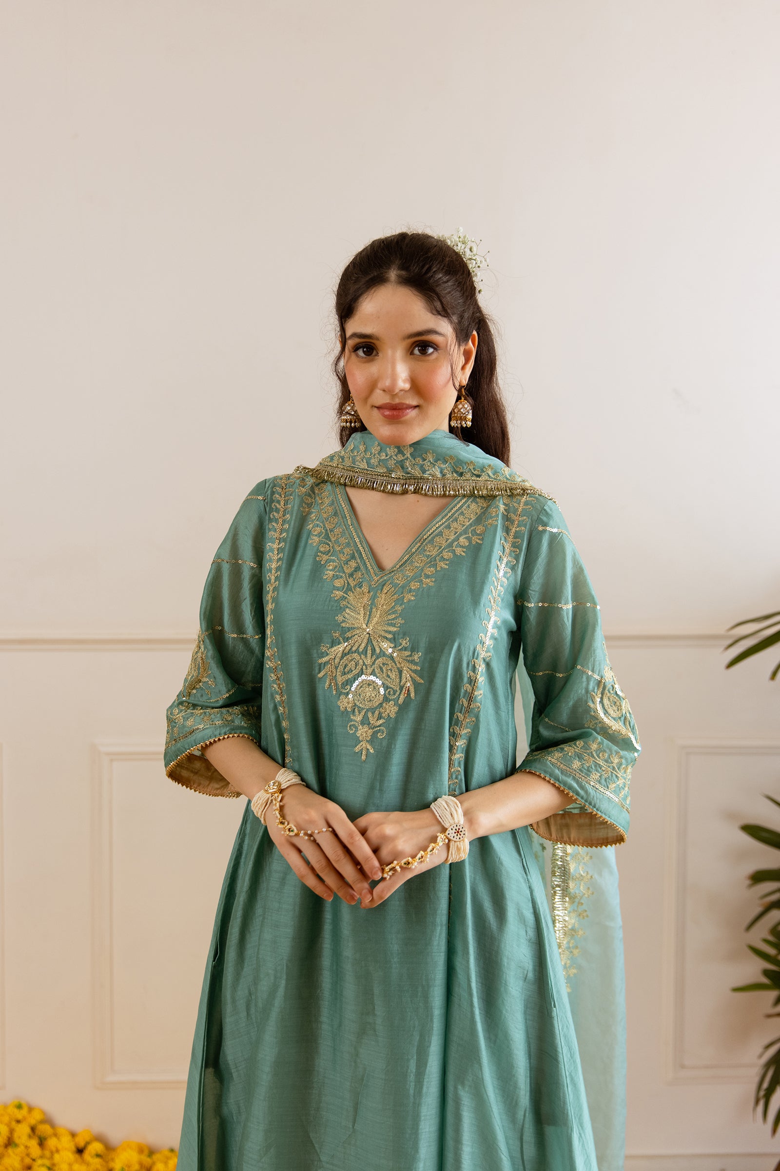 Sea Mint Chanderi Three Kali Kurta Set - Asrumo