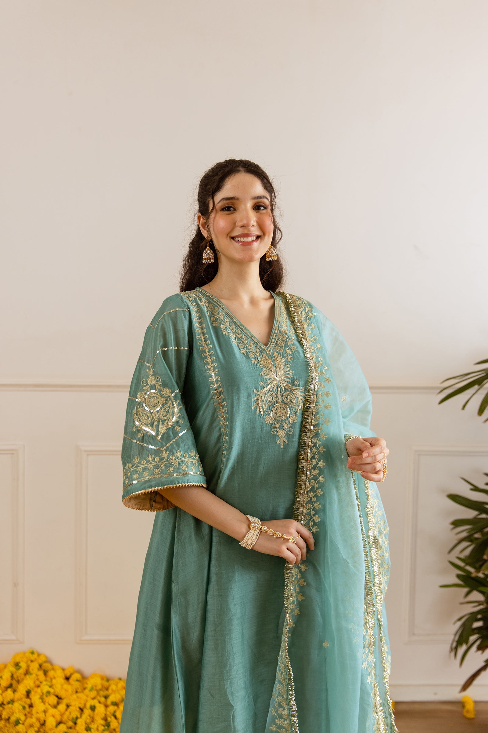 Sea Mint Chanderi Three Kali Kurta Set - Asrumo