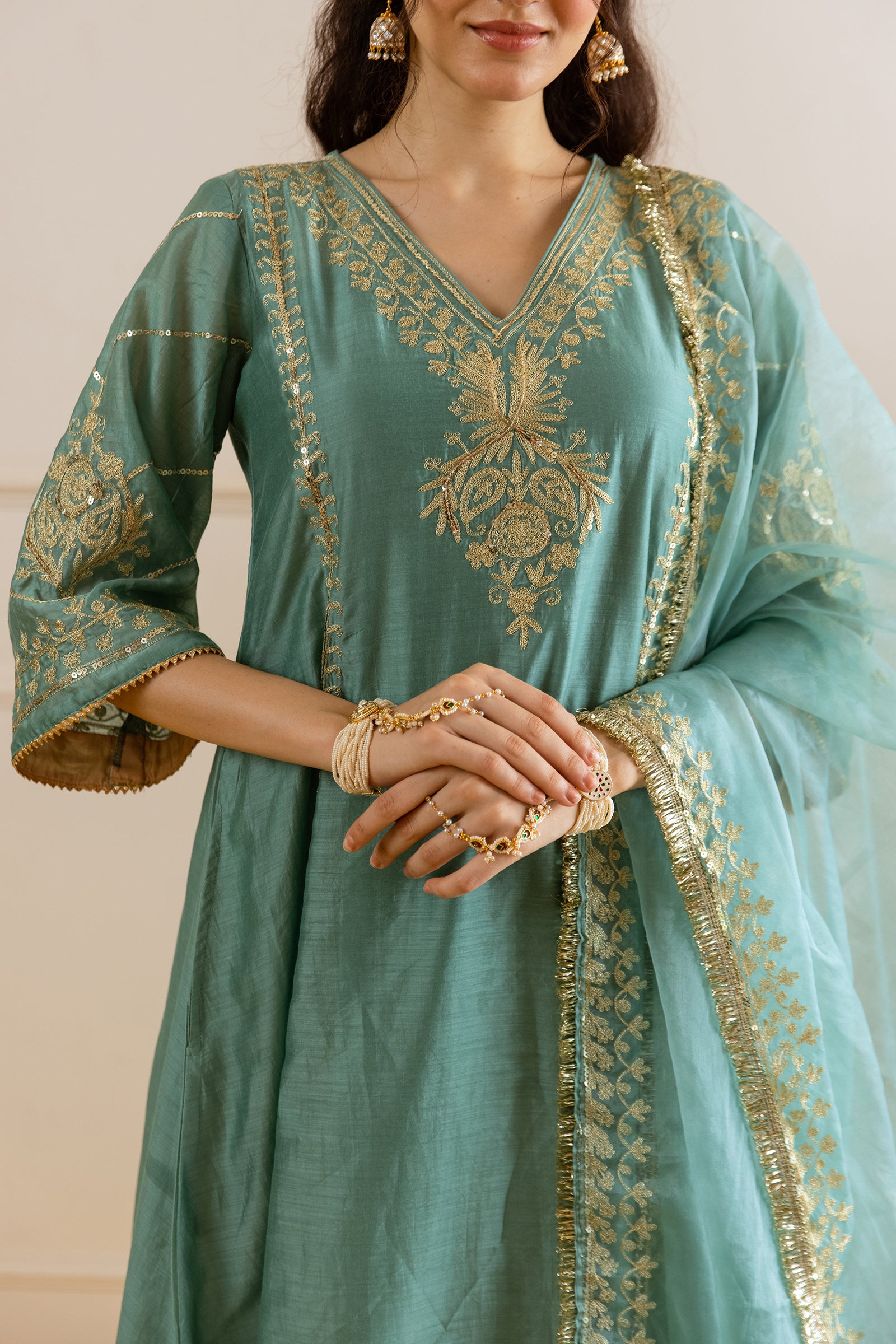 Sea Mint Chanderi Three Kali Kurta Set - Asrumo