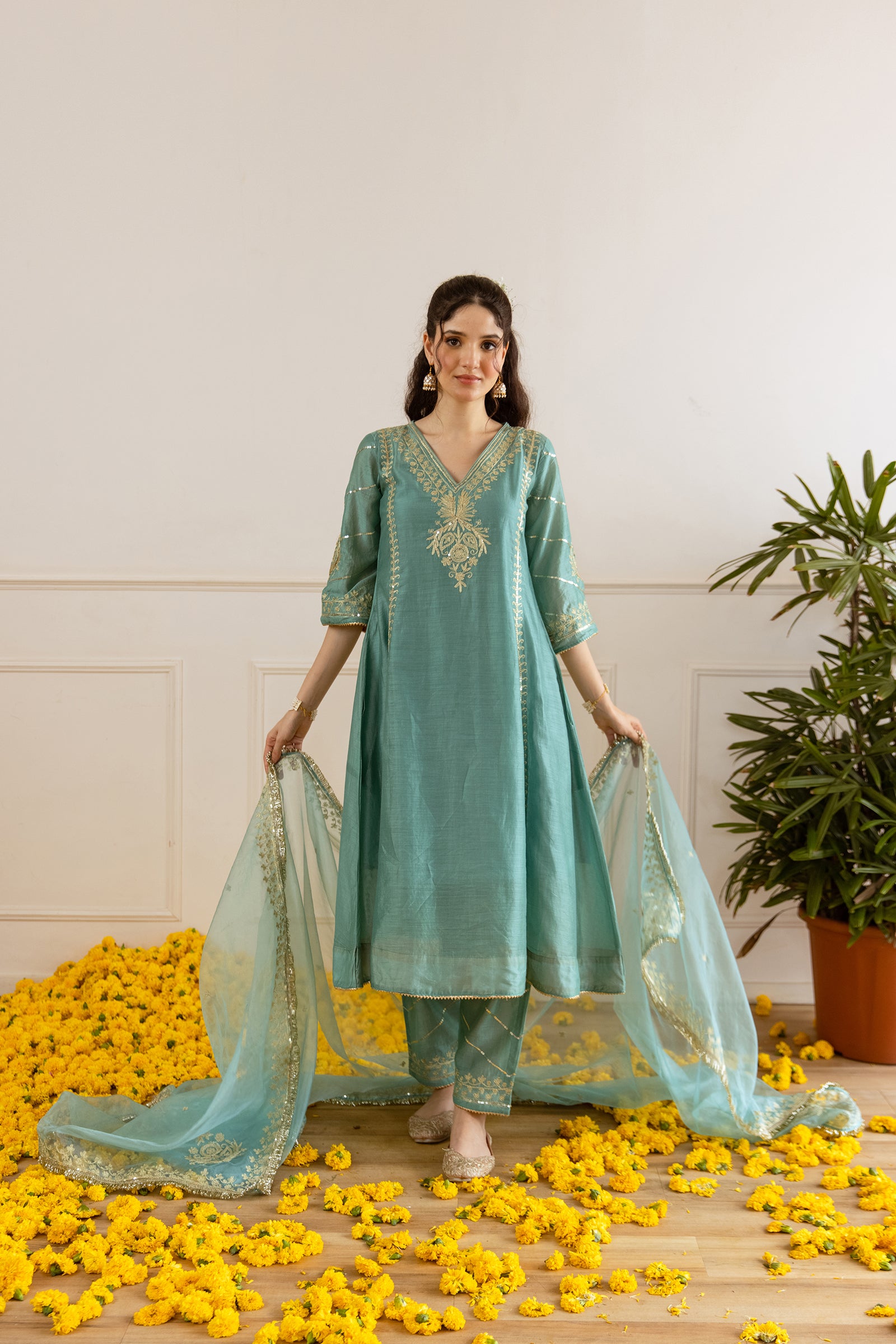 Sea Mint Chanderi Three Kali Kurta Set - Asrumo