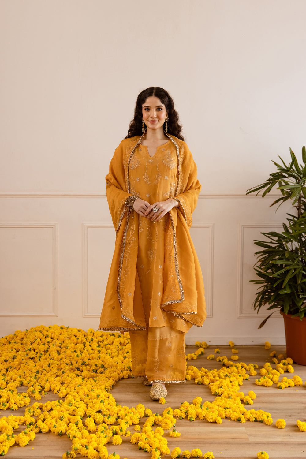 Yellow cotton gauze embroidered co-ord set