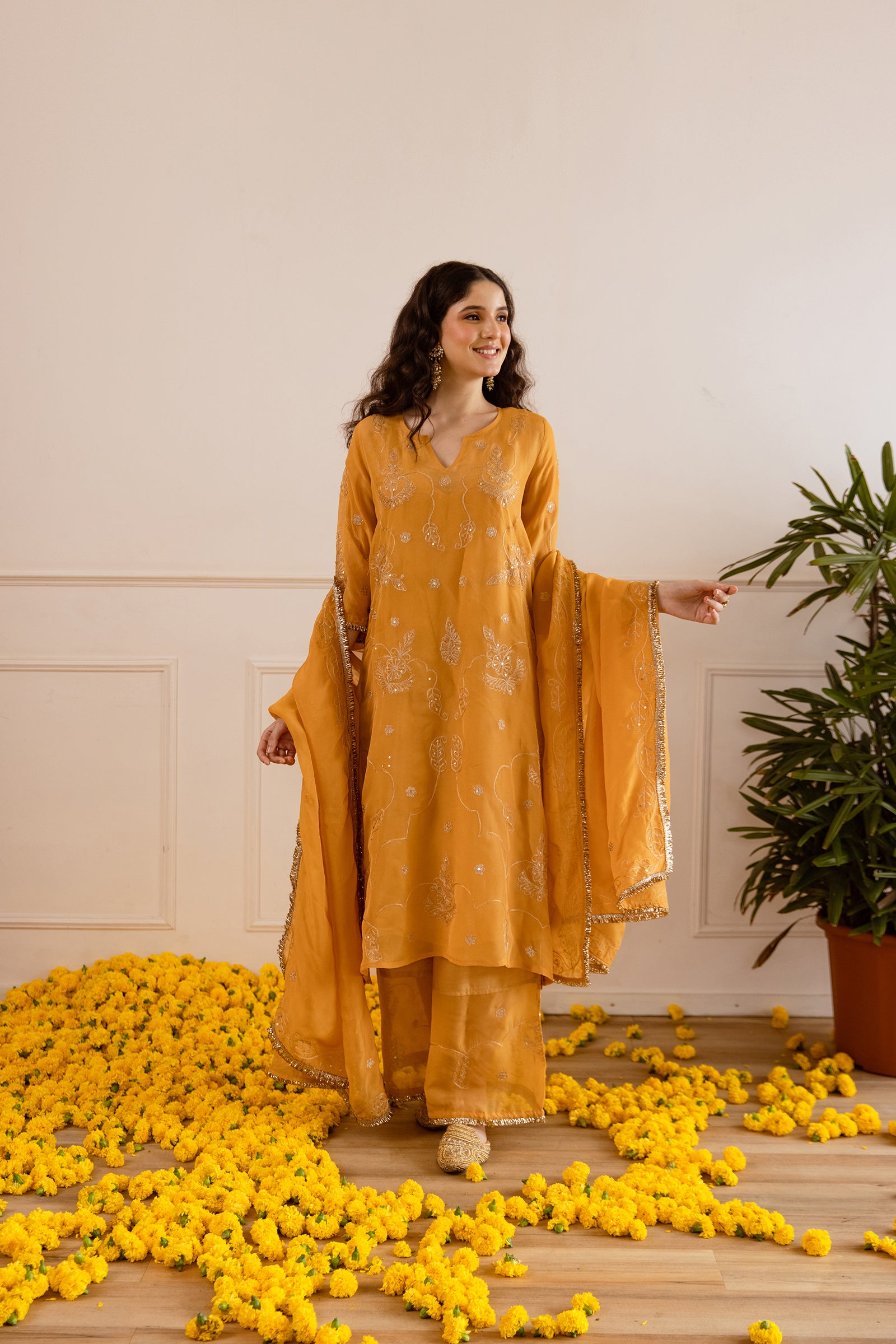 Mustard Yellow Zari Embroidery Viscose Organza Straight Kurta Set - Asrumo