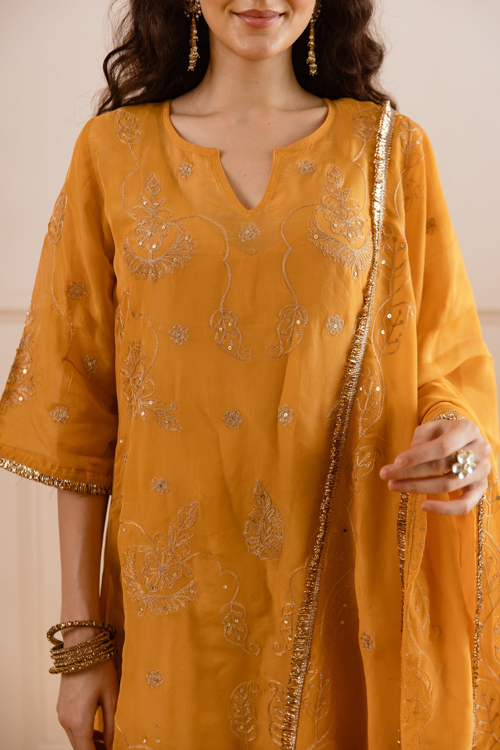 Mustard Yellow Zari Embroidery Viscose Organza Straight Kurta Set - Asrumo