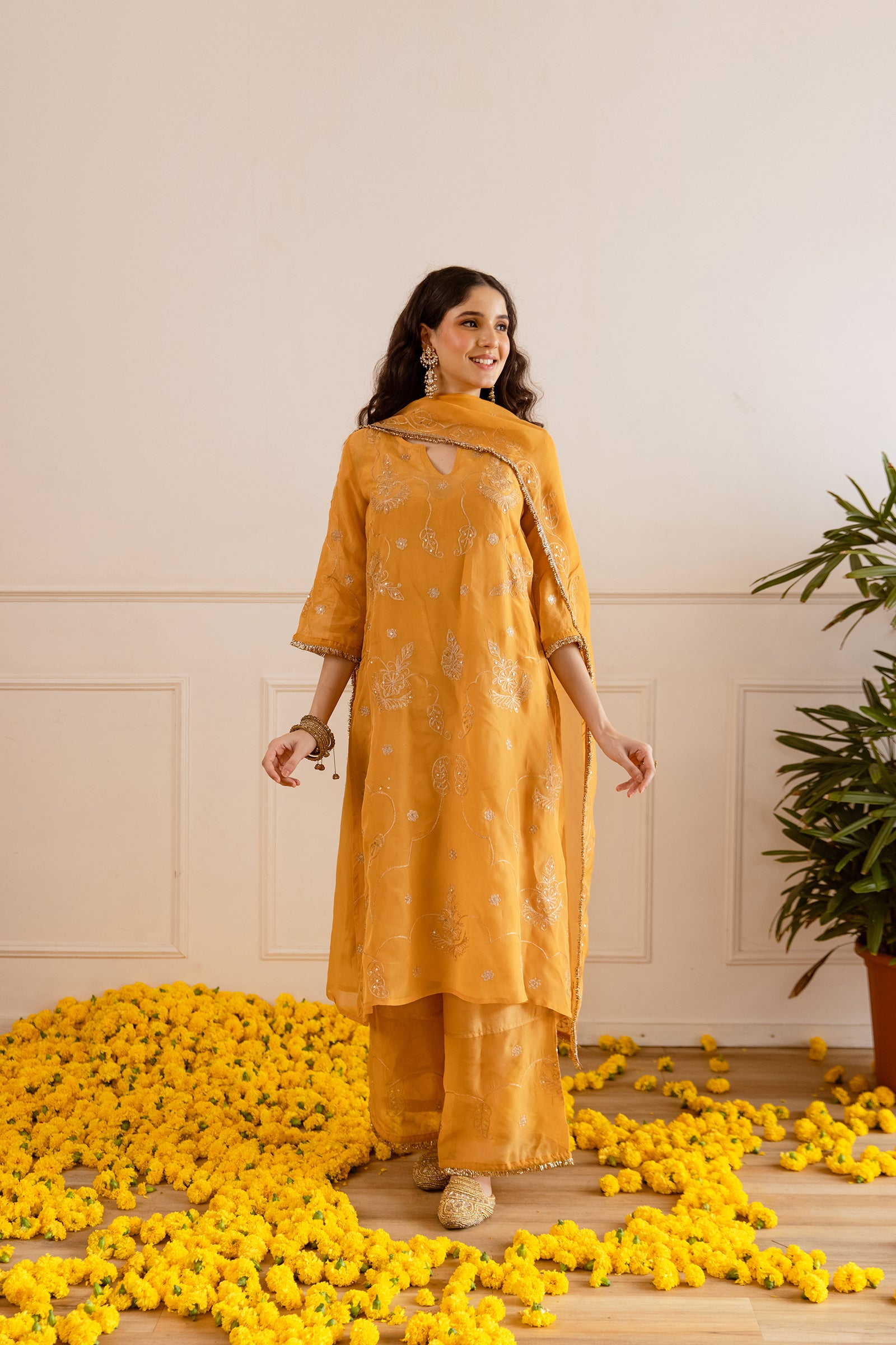 Mustard Yellow Zari Embroidery Viscose Organza Straight Kurta Set - Asrumo