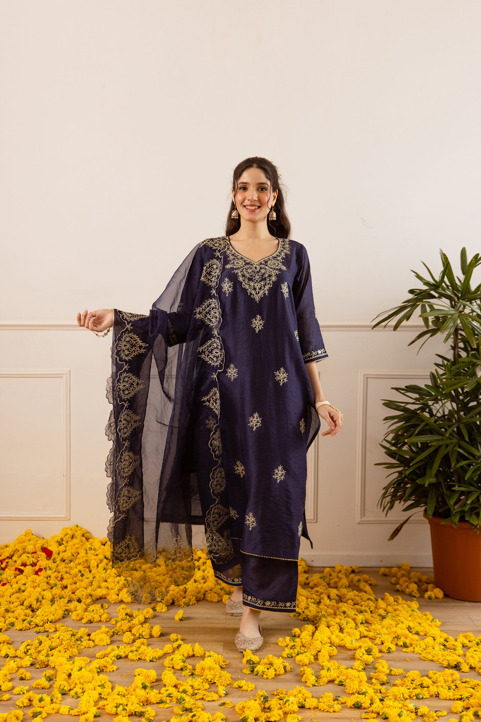 Regal Navy Blue Straight Fit Kurta Set - Asrumo