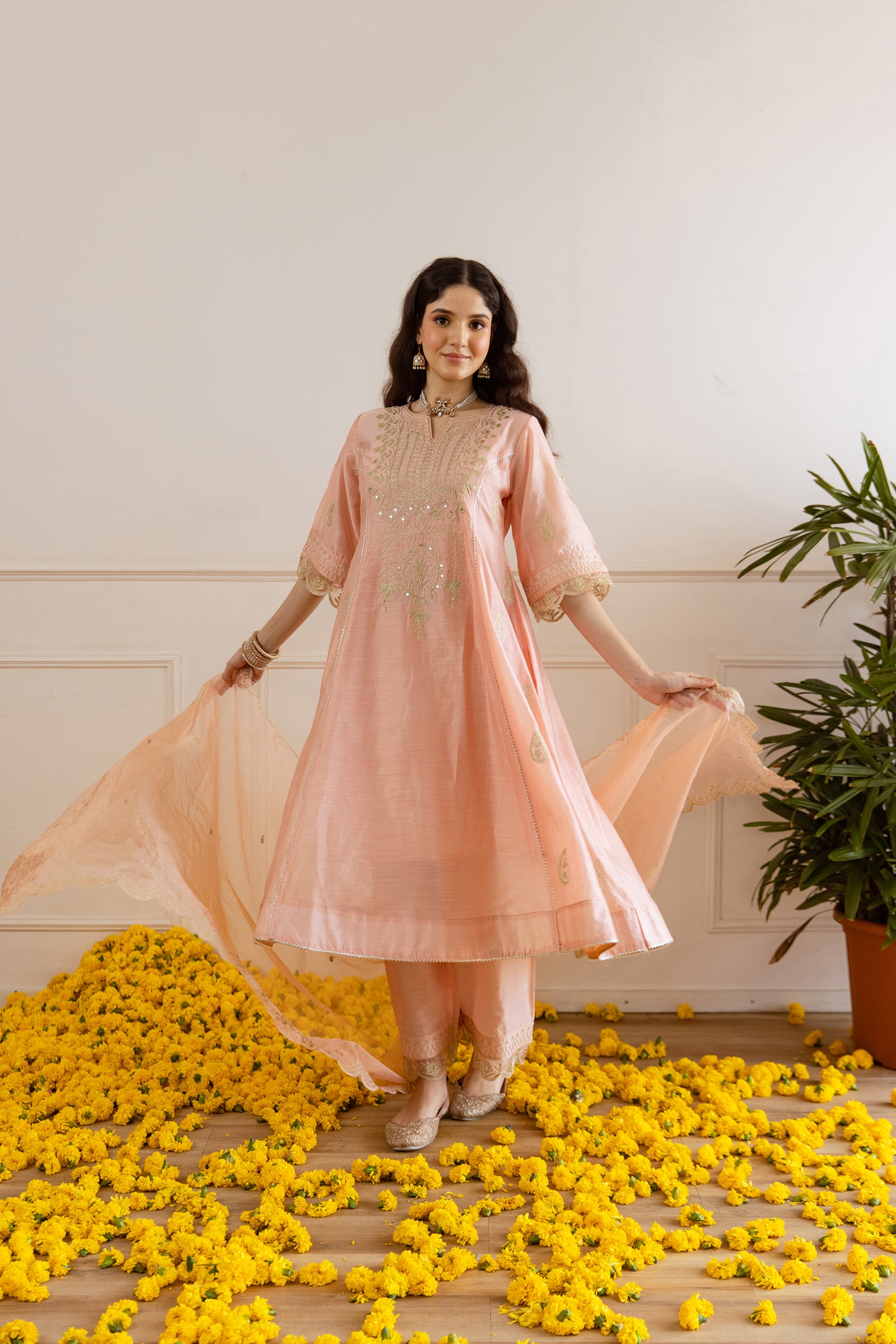 Peach Chanderi Heavy Neck Embroidery Three Kali Suit Set - Asrumo
