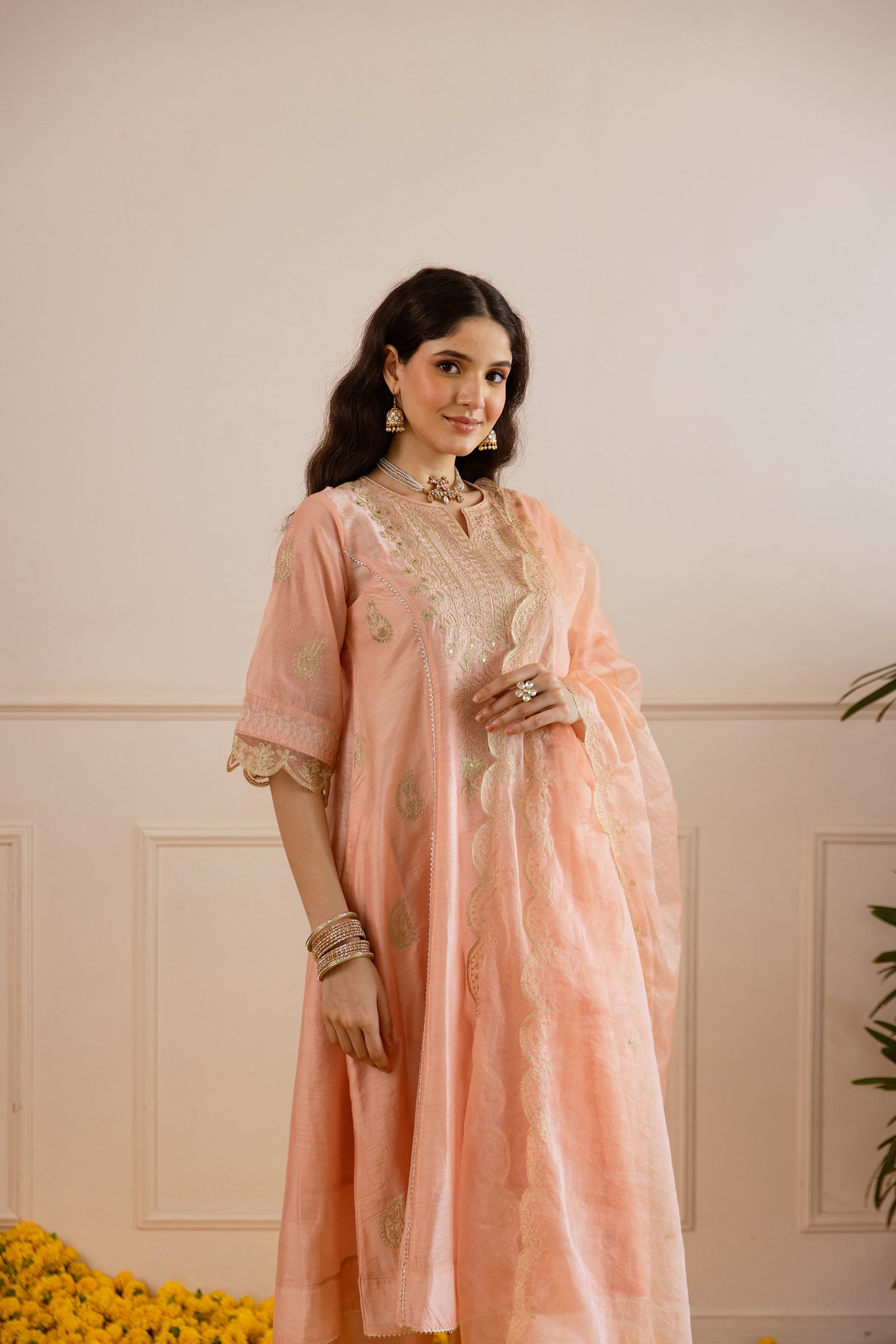 Peach Chanderi Heavy Neck Embroidery Three Kali Suit Set - Asrumo