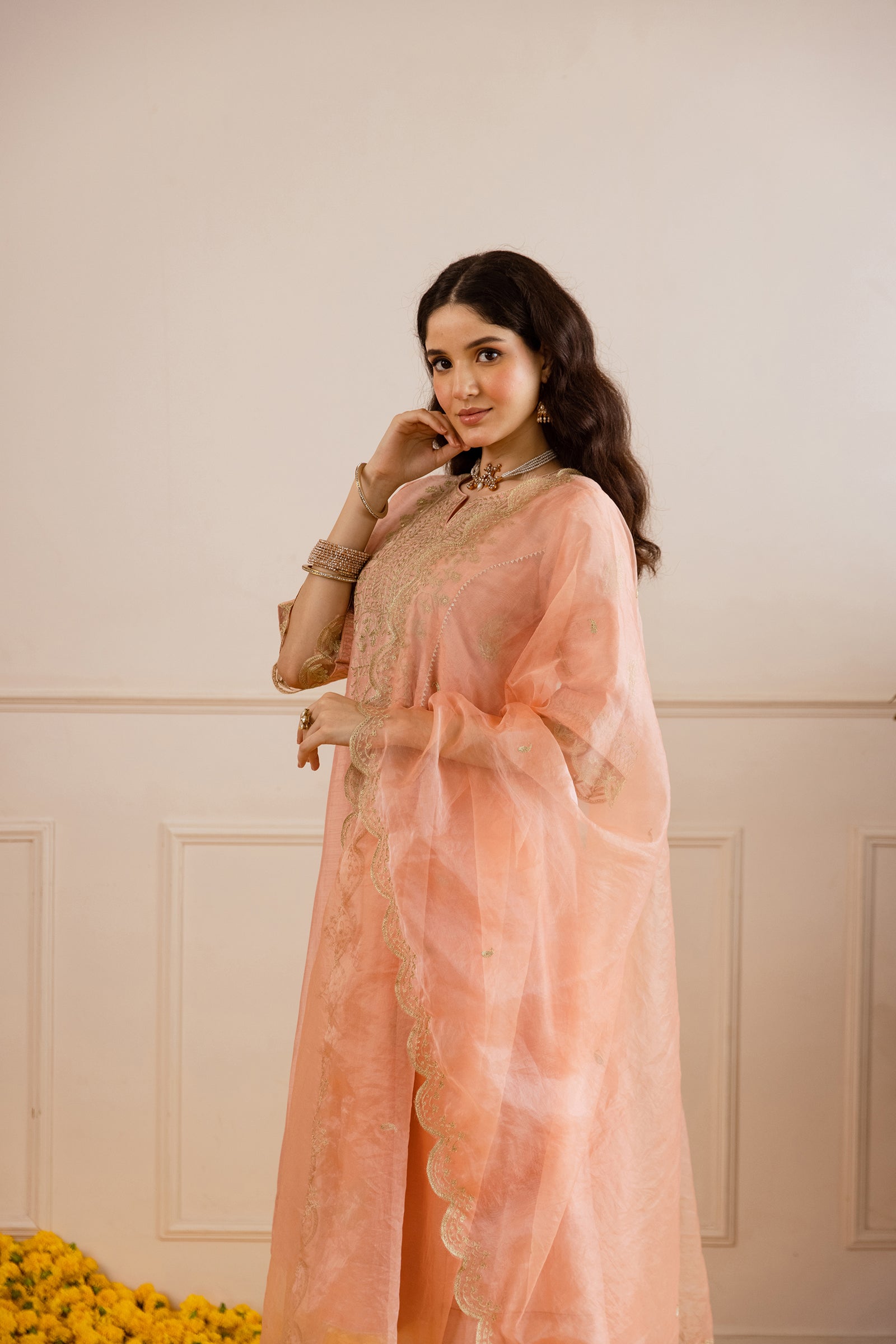 Peach Chanderi Heavy Neck Embroidery Three Kali Suit Set - Asrumo