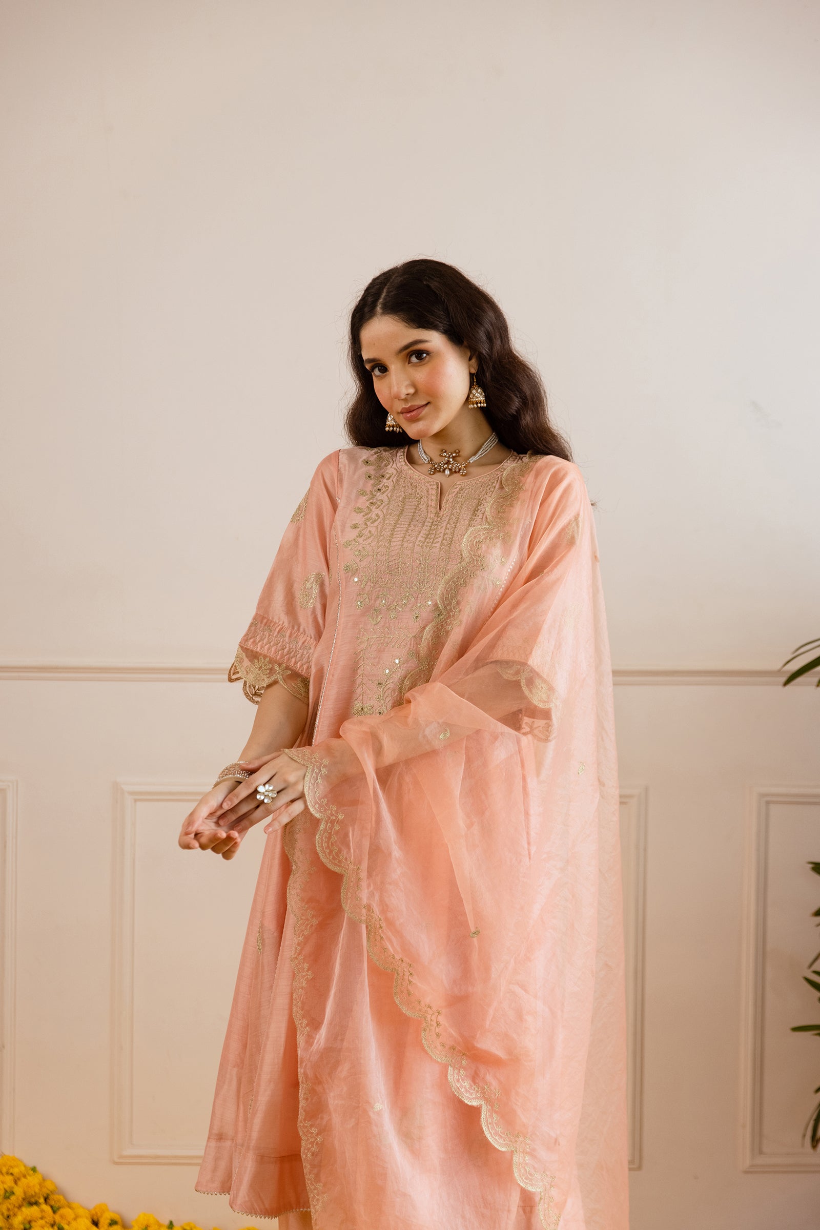Peach Chanderi Heavy Neck Embroidery Three Kali Suit Set - Asrumo