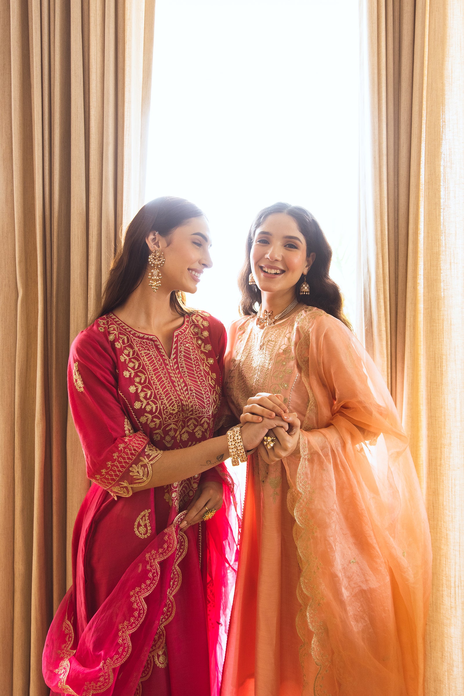 Peach Chanderi Heavy Neck Embroidery Three Kali Suit Set - Asrumo