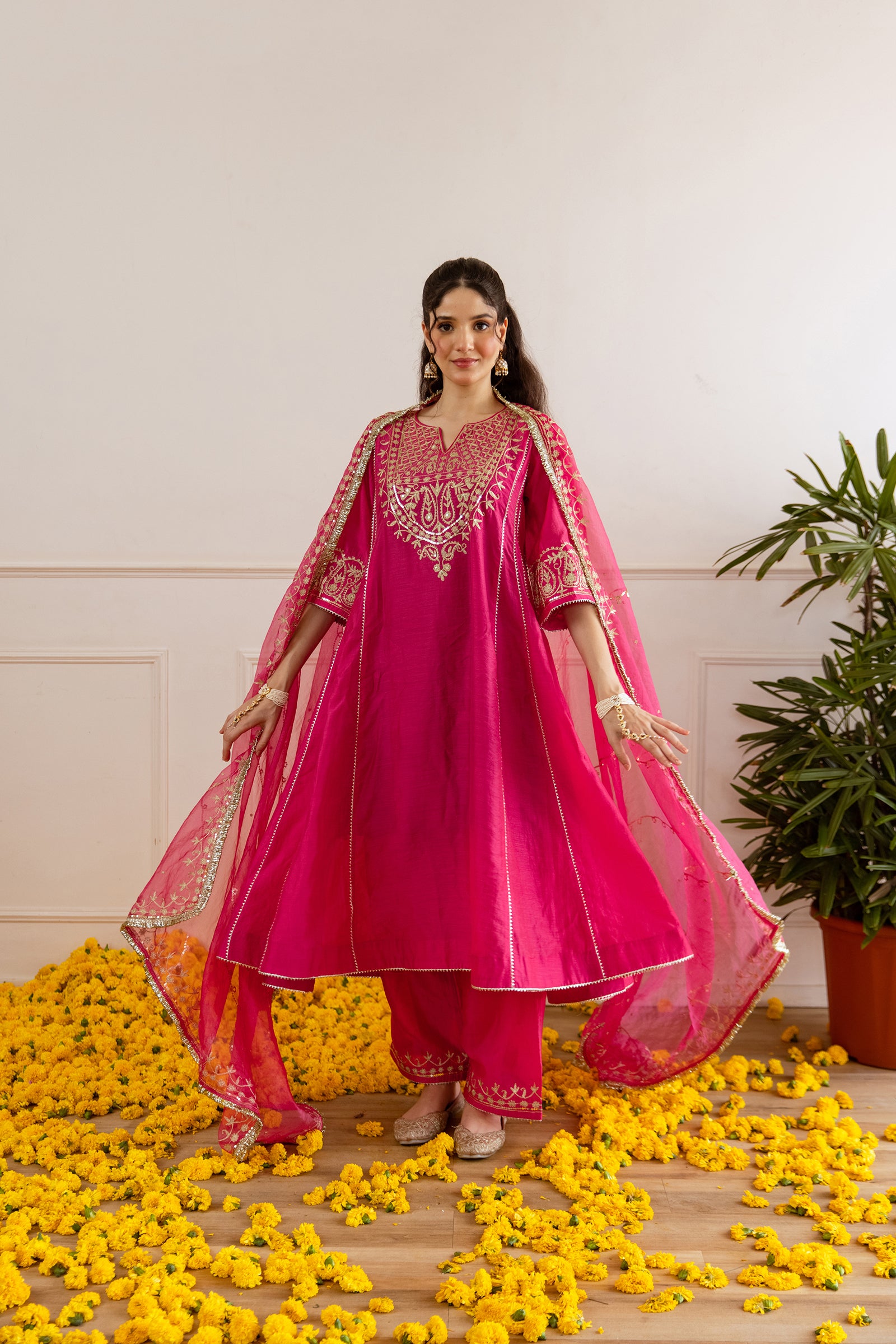 Hot Pink Chanderi Three Kali Kurta Set - Asrumo