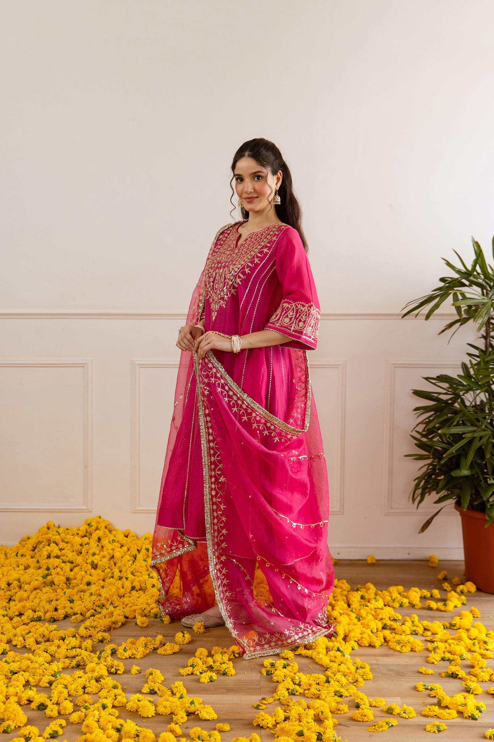 Hot Pink Chanderi Three Kali Kurta Set - Asrumo